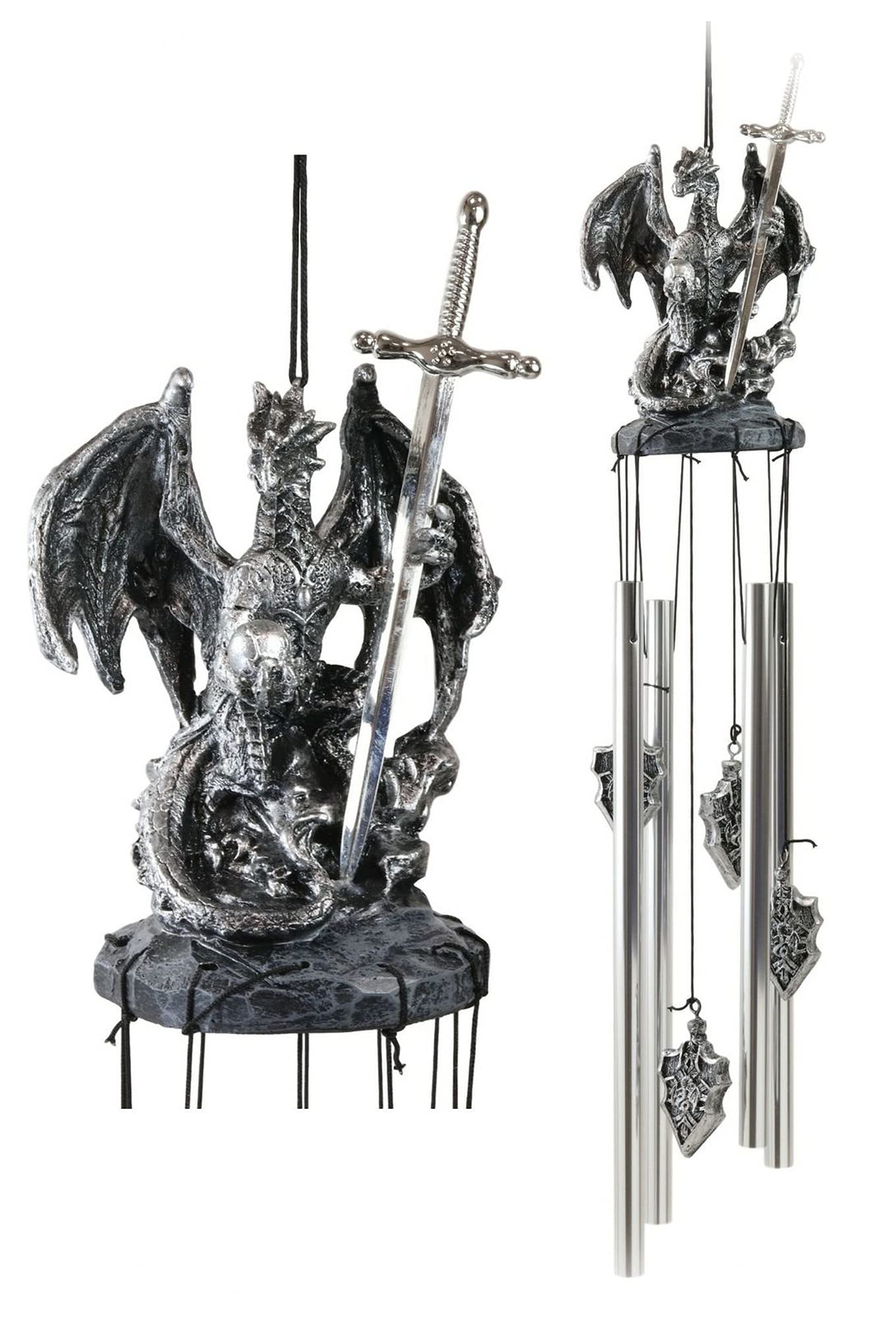 New Medieval Silver Dragon Holding Excalibur Sword and Orb Figurine Wind Chime Decor EB-4774GIF Unique Home Décor Birthdays InnaBest