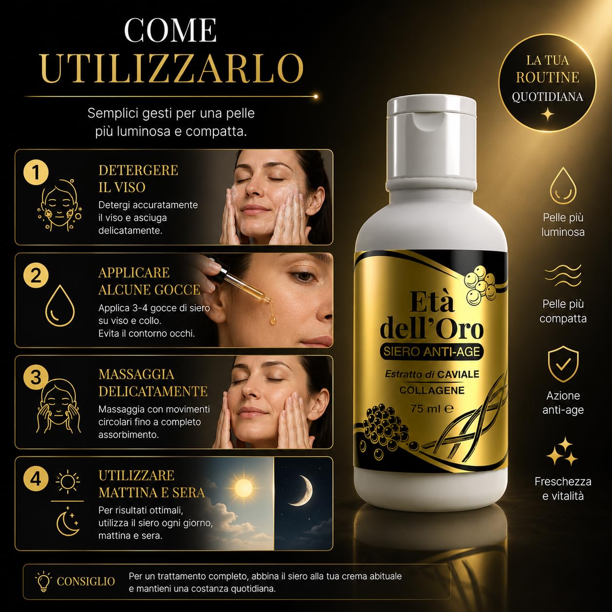 Età dell'Oro Crema Viso Antiage Oro Colloidale Caviale Collagene 225 ml | Oro colloidale, Estratto di caviale, Collagene marino, Acido ialuronico, Idratante, Rassodante, Antiage, 225 ml