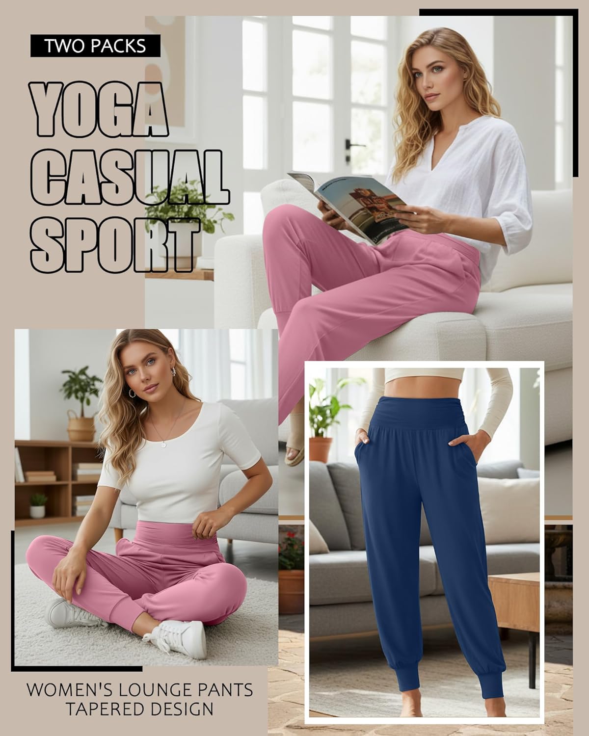 2 Pack Women's Yoga Joggers, Cozy Sweatpants with Pockets Casual Loose Comfy High Waisted Lounge Pants - Image 2
