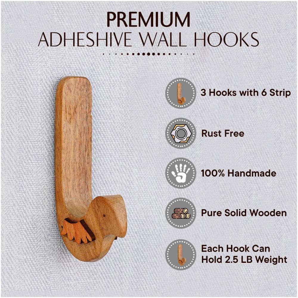 Indian Shelf 3 Hook, 6 Strips Cute Bird Decorative Adhesive Wall Hooks for Hanging Unique No Damage Wood Wall Hooks