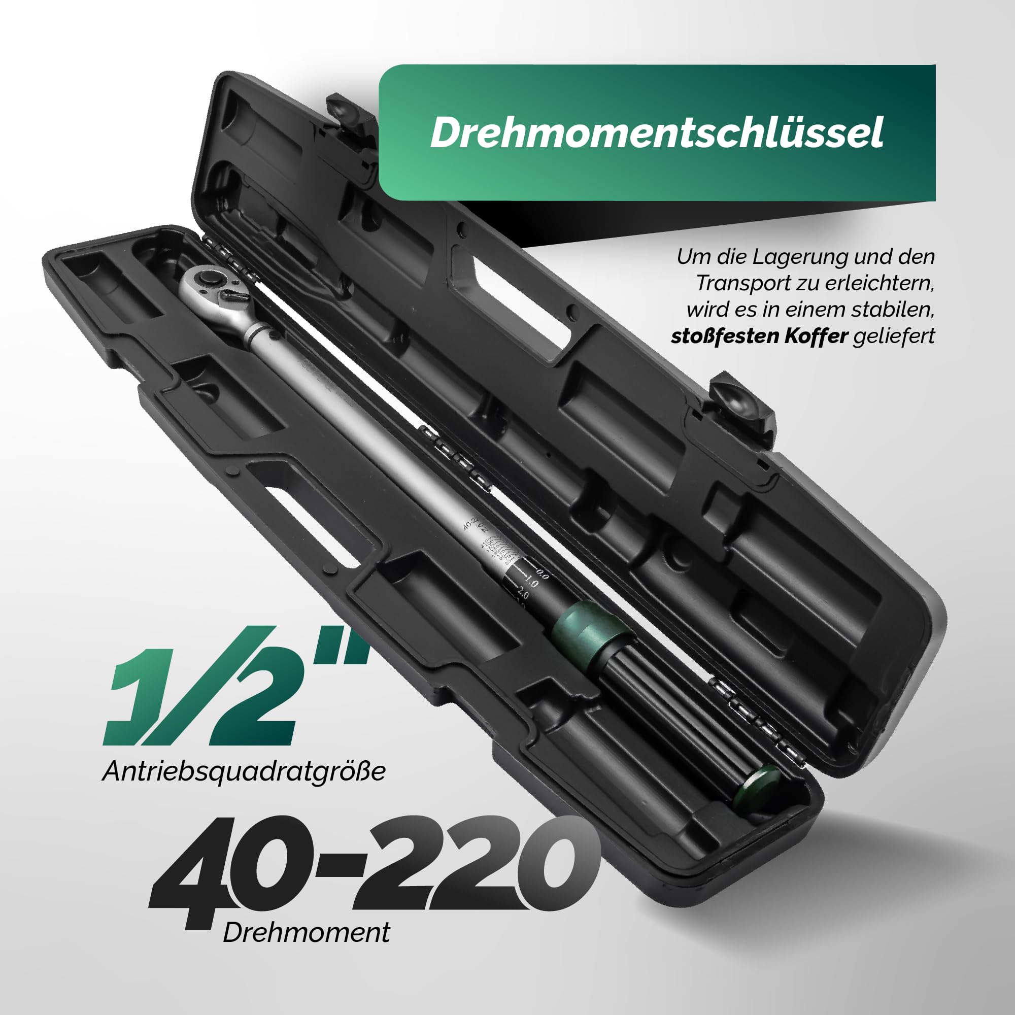 ROCKFORCE Premium - Llave dinamométrica (1/2'', 40-220 Nm, tipo clic, en maletín de plástico resistente), Llave Ajustable