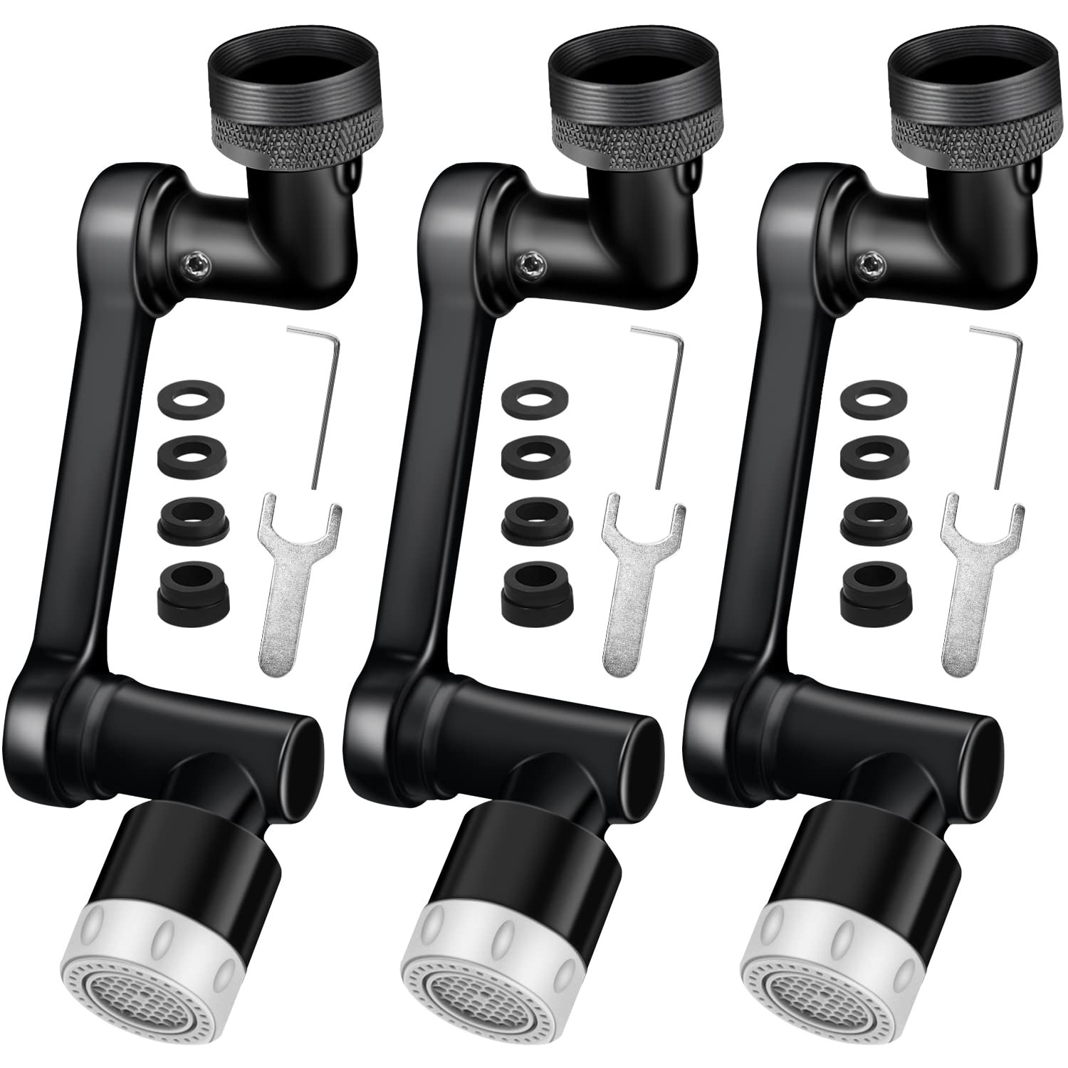 Aireador Grifo Cocina Giratorio de 1080° SELORSS con 2 Modos, Aireador de Grifo de cobre puro, Extensor de Grifo Ahorro Agua, Grifo Universal Cocina/Baño con Filtro de Salpicaduras, Negro (3 Piezas)
