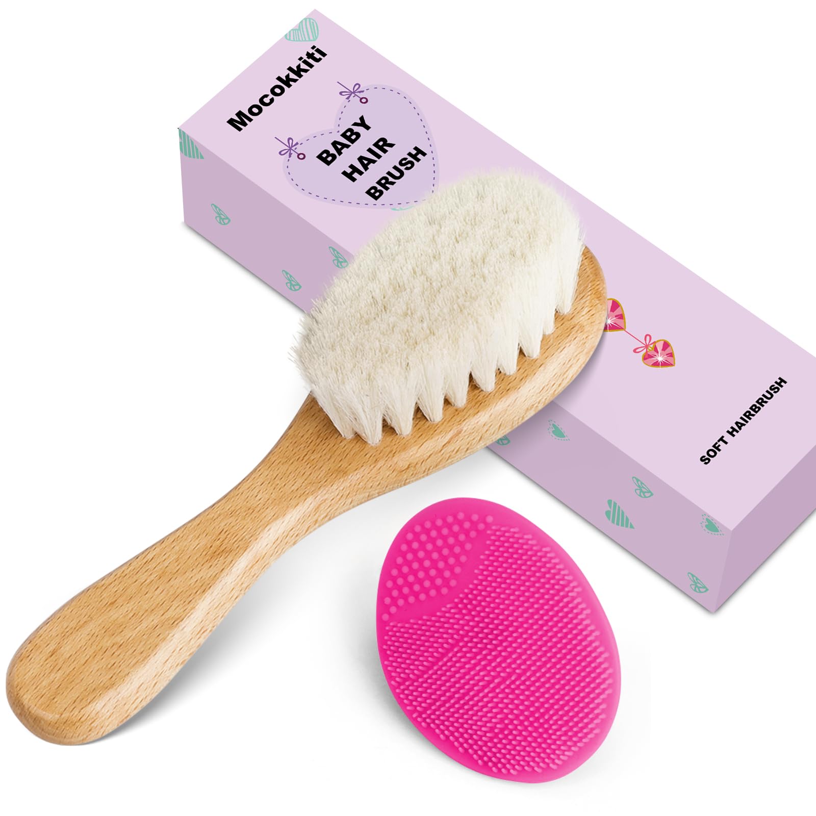 Cepillo de pelo de bebé, cepillo de cerdas de cabra y cepillo de silicona rojo rosa para bebé, cepillo de cerdas de madera para recién nacidos y niños pequeños (2 piezas)