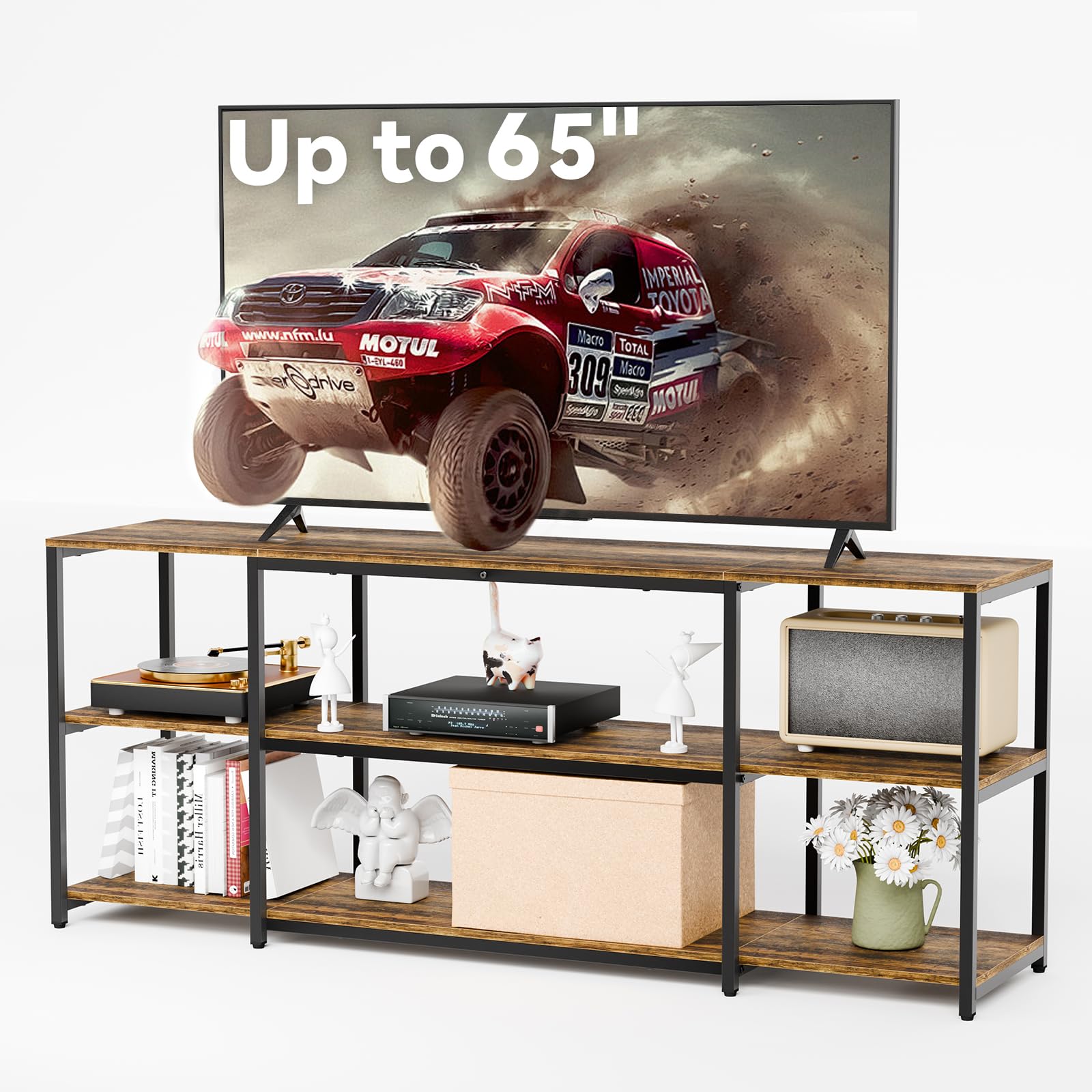 Aquzee TV Stand, 148 cm TV Stand Cabinet, 3 Tier Wooden TV Console Table Unit with Storage, Rustic Entertainment Unit with Open Shelves and Remove Shelf for Living Room