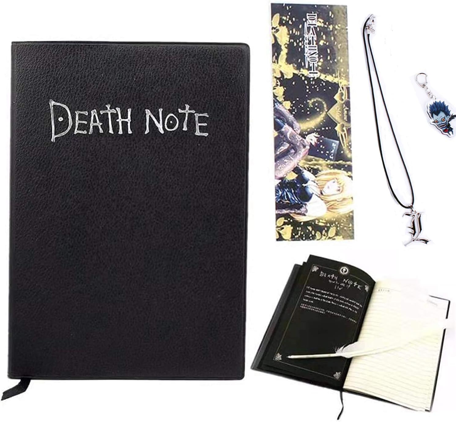 Honmy Death Note Notebook With Feather Pen,L-Shaped Necklace And Keychain,Fashion Anime Theme Cosplay Notebook, Best Gifts For Lovers, Can Be Used As Diary