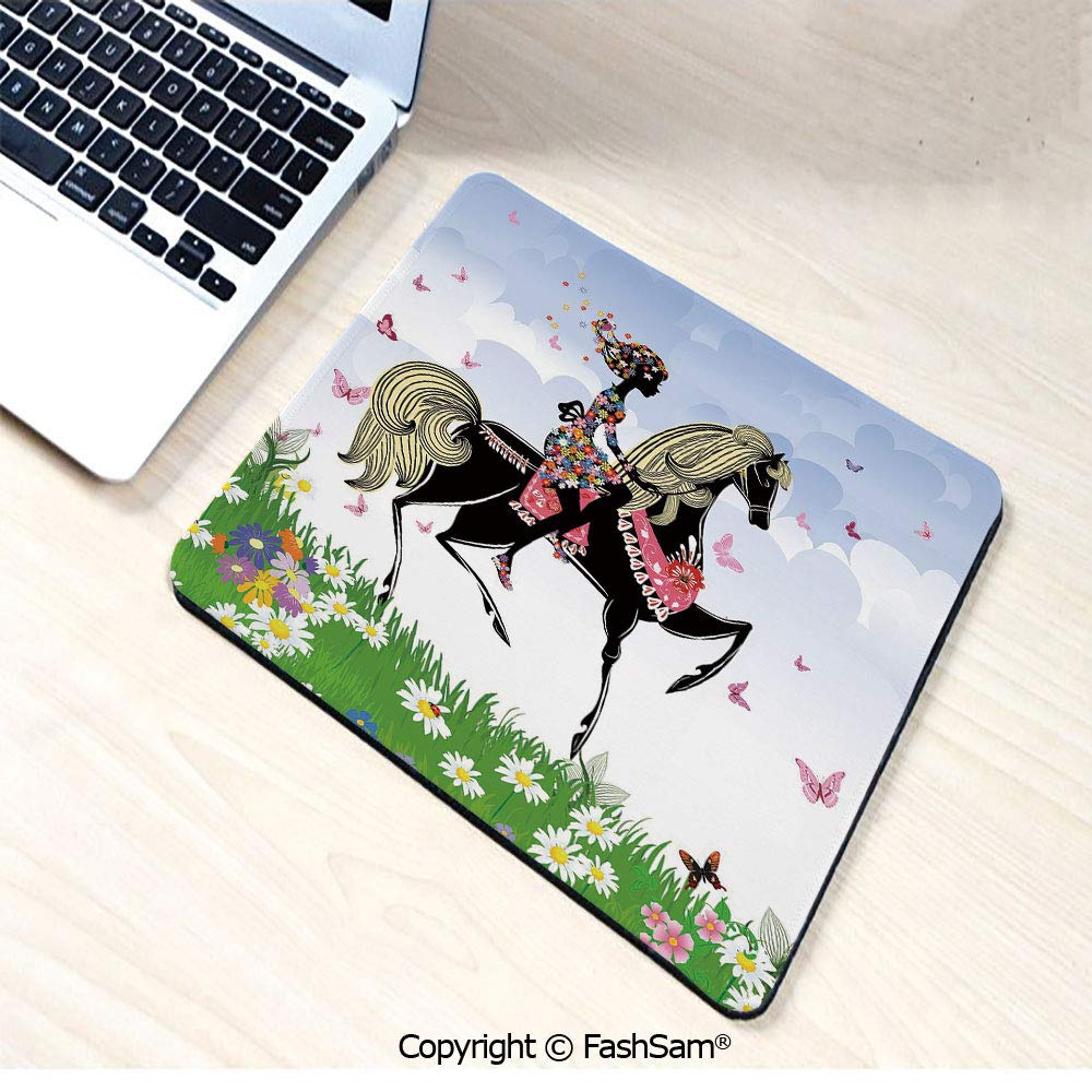 Personalized 3D Mouse Pad Floral Girl Riding Pony in Fantasy Spring Field Butterflies Daisies Girls Room Decorative for Laptop Desktop(W7.8xL9.45)