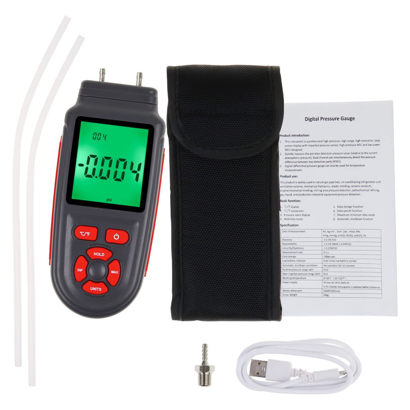 Manometer, digitale differentiële drukmeter, ± 36,80 kPa, 0,1 resolutie, 12 selecteerbare eenheden, differentiële drukmeter, HVAC dubbele poort, met overdrukalarm en gegevensopslag, backlight display