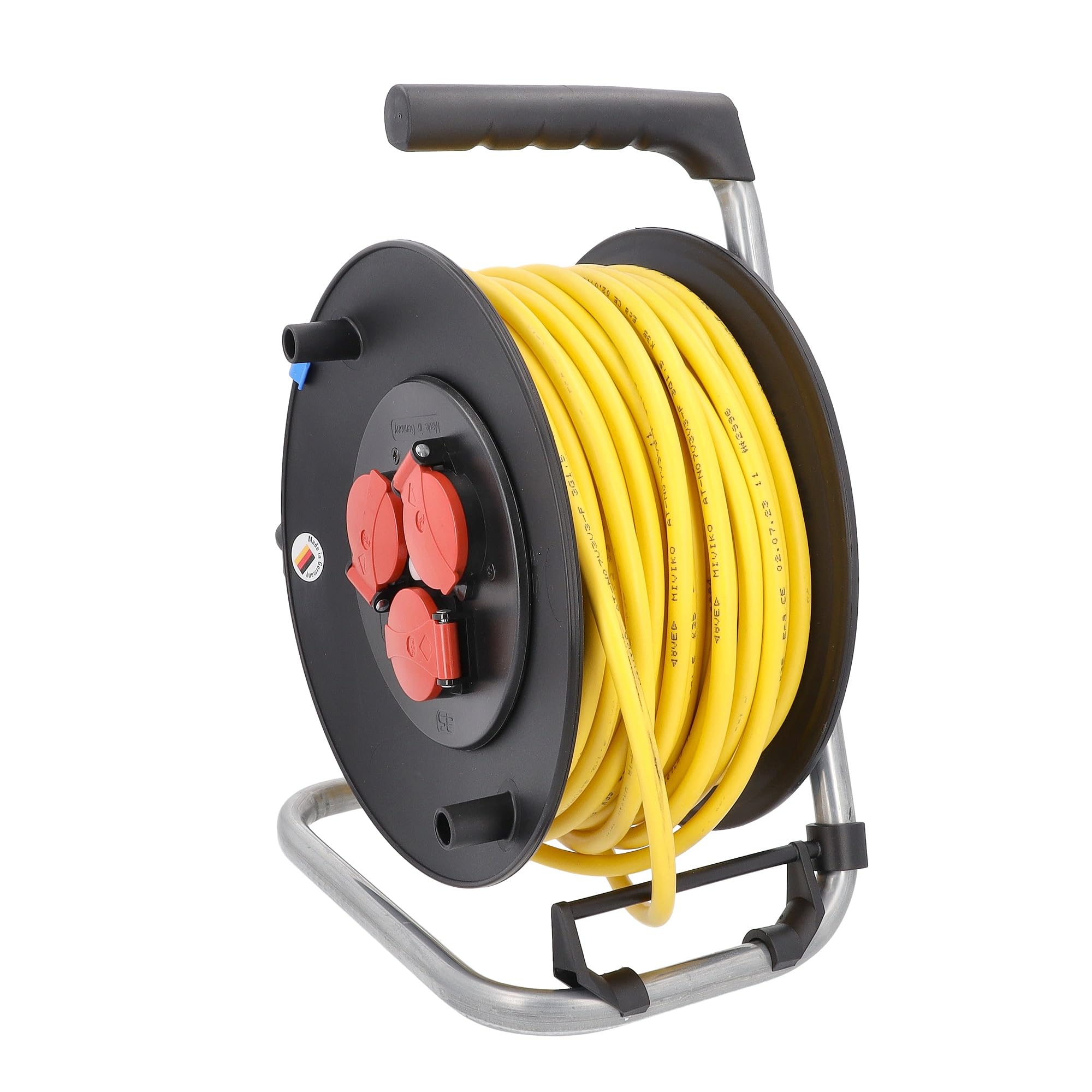 as - Schwabe enrollacables 40 m AT-N07V3V3-F 3G1,5, IP44 exterior, 3 tomas de corriente con toma de tierra, freno de bloqueo, guía de cable, Made in Germany