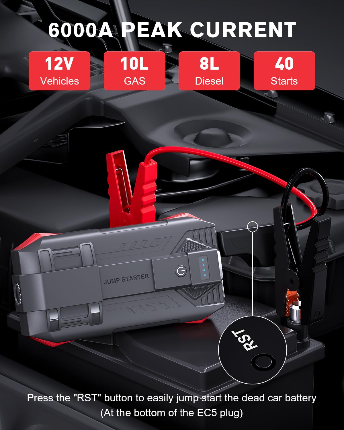 Povasee Starthilfe Powerbank für Pkw, 6000A Booster Auto Starthilfe (bis zu 10L Benzin/8L Diesel), Starter Powerbank mit Starthilfekabel, 12V Kfz Jump Starter mit LED und 2 USB-Ausgänge