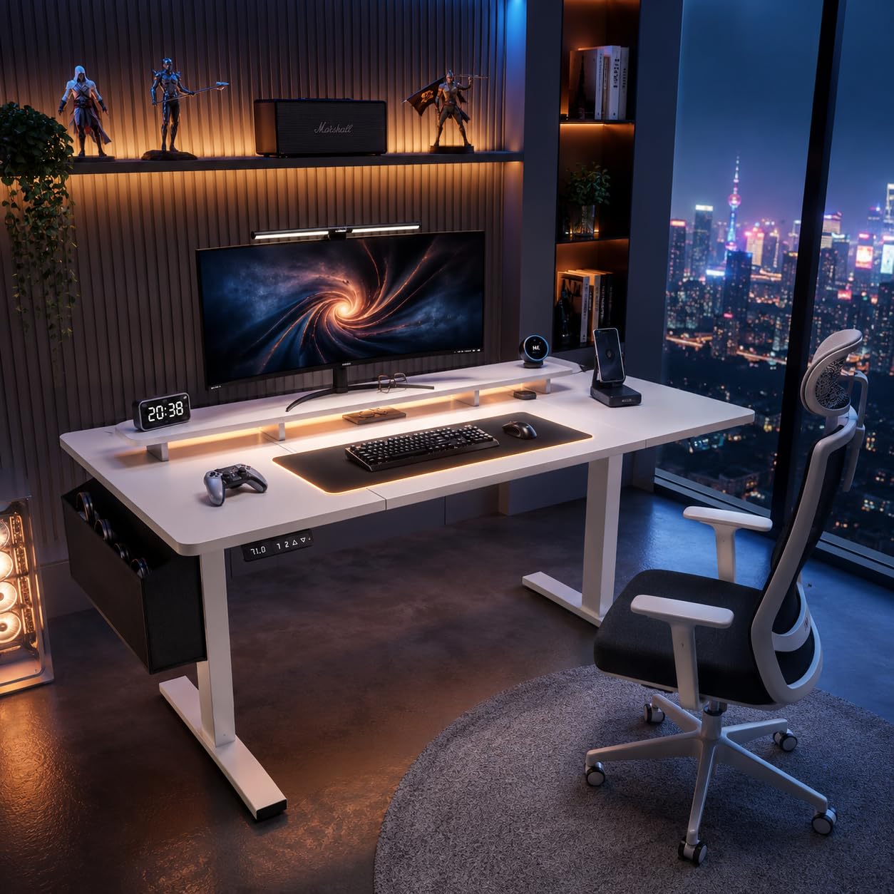 Bureau Assis Debout Électrique 160x75cm,Reglable en Hauteur 70 et 117,5 cm,avec Lumineuse,USB, Sac et Crochet,2 Fonction Mémoire,Bureau Gaming Electrique Rrgonomique,Blanc