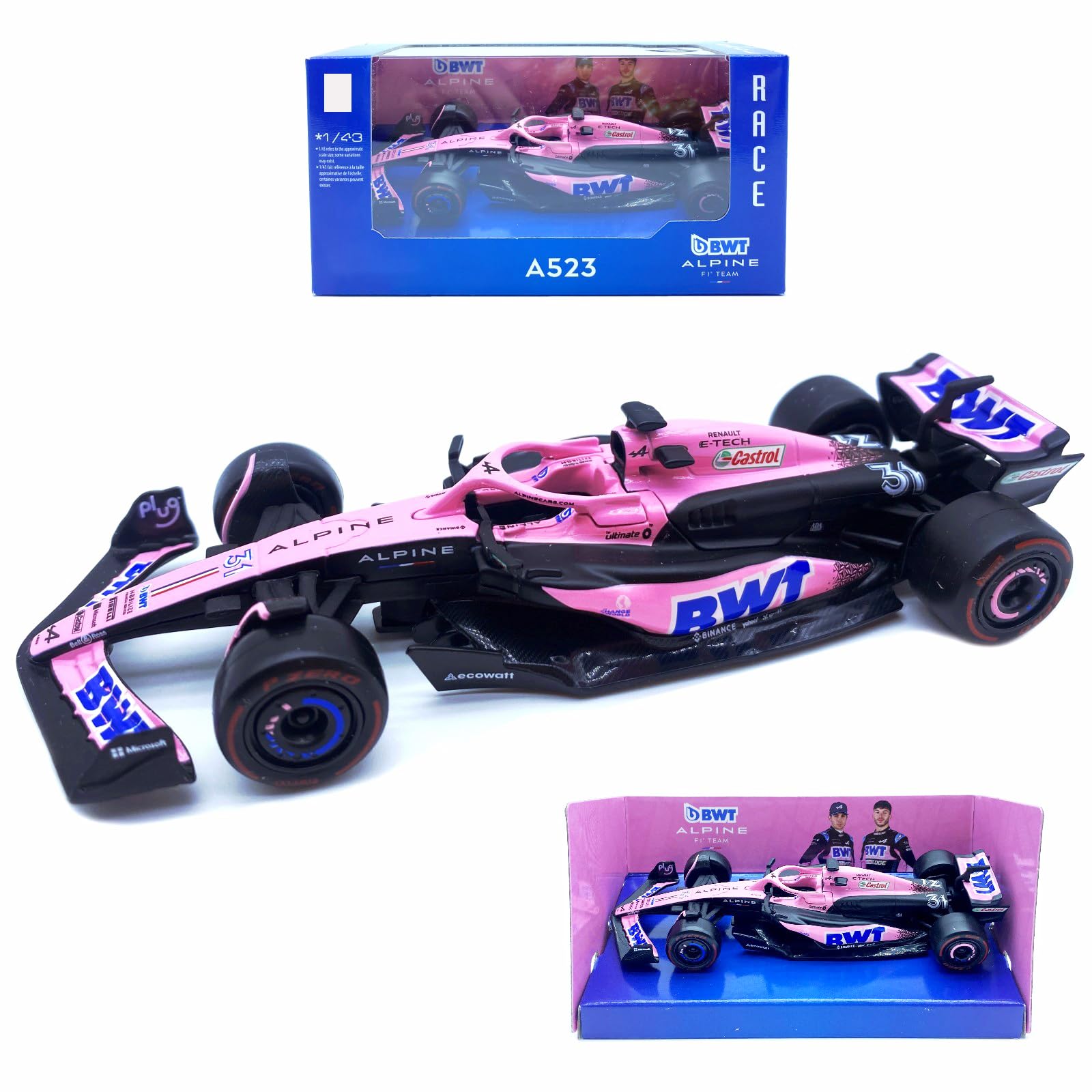 HTLNUZD 1/43 F1 A523 Pink Version #31 E.Ocon Formula One for BWT-Alpine F1 Team Racing Alloy Luxury Diecast Vehicle Collection Model (Standard Packing