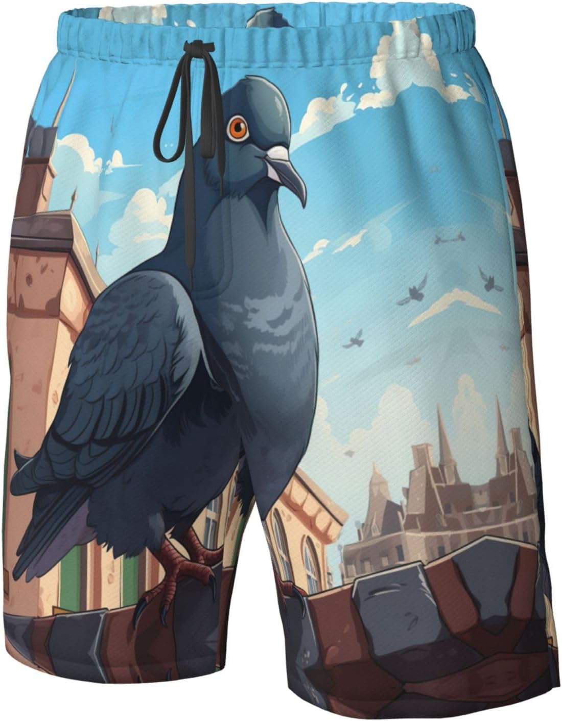 Cartoon Pigeon Print Men's Quick-Drying Shorts Casual Beach Pants Stretch Waist Shorts and Pockets