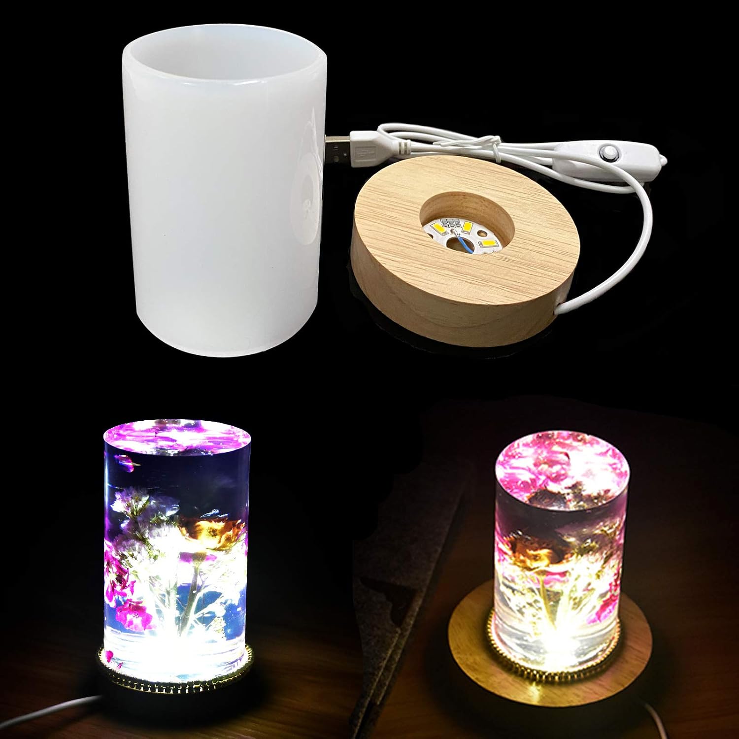 Cylinder Light Resin Mold,LED Silicone Molds for Resin,Resin Molds Silicone with Wooden Lighted Base Stand for Resin Art