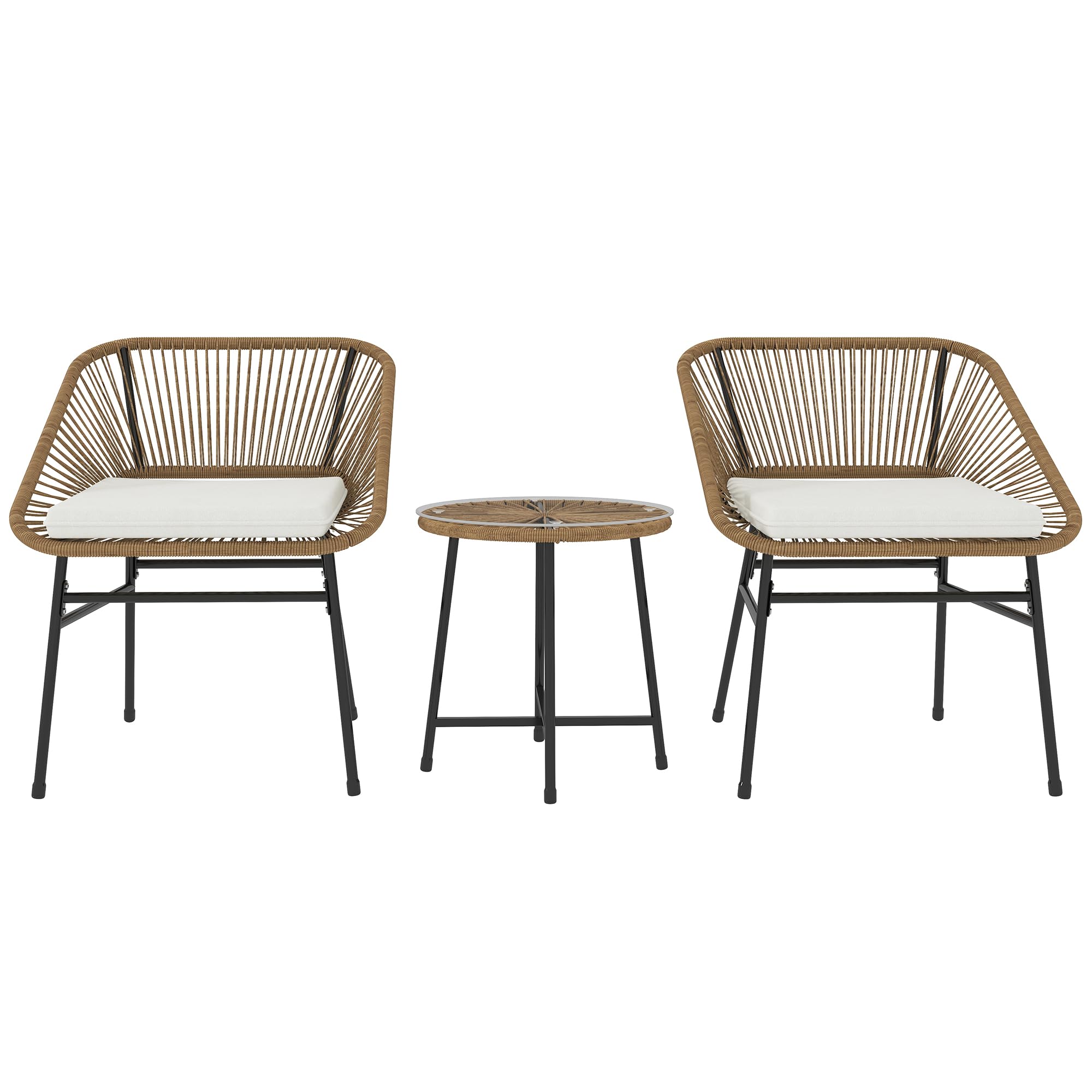 Outsunny Set da Giardino 3 Pezzi in Rattan PE e Acciaio, Set 2 Sedie con Cuscini e Tavolino da Caffè a Cilindro con Piano in Vetro, Set di Mobili da Balcone, per Patio e Cortile, Color Legno