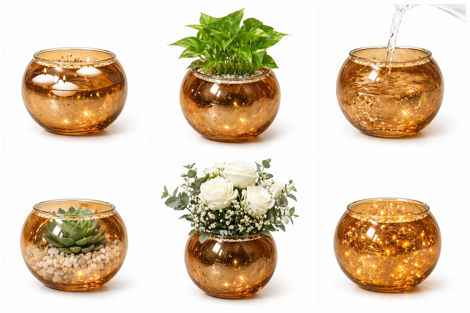 Glass Small Decorative Planter Pot Table Decor Indoor Plant Holder Flower Vase Aesthetic Glossy Finish Home Decor Item Centerpiece for Living Room Bedroom Office (6, Golden)-image-10