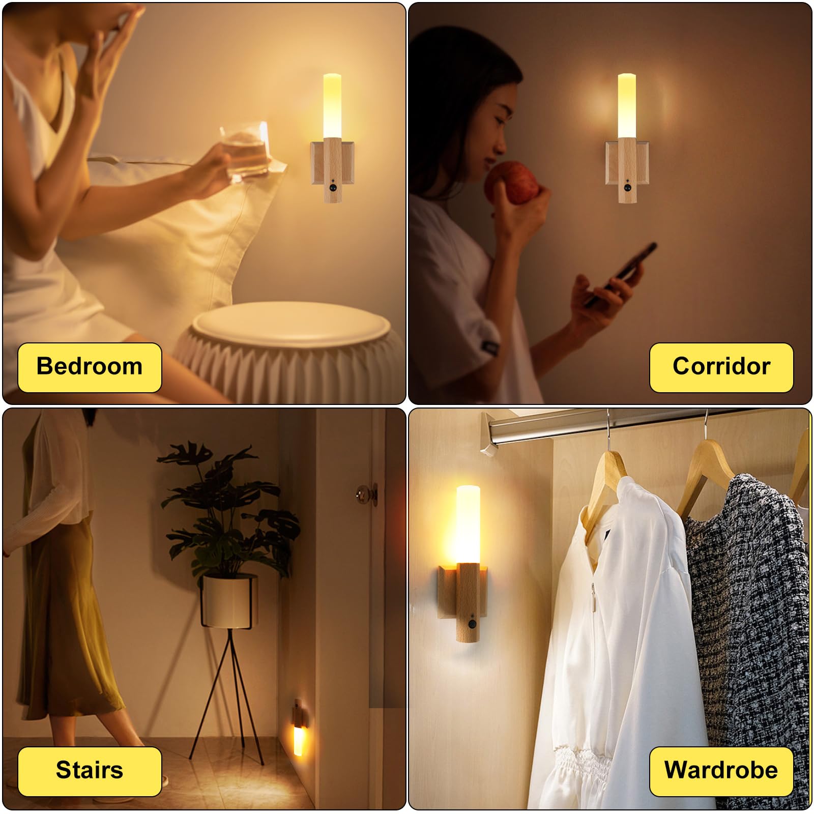 WingFly Magnetyczna lampa ścienna, bezprzewodowa lampka nocna z czujnikiem ruchu, ładowana lampka nocna, montowana na ścianie, drewniana latarka, do sypialni, korytarza, schodów, pokoju dziecięcego (białe drewno jesionowe, 2 szt.)