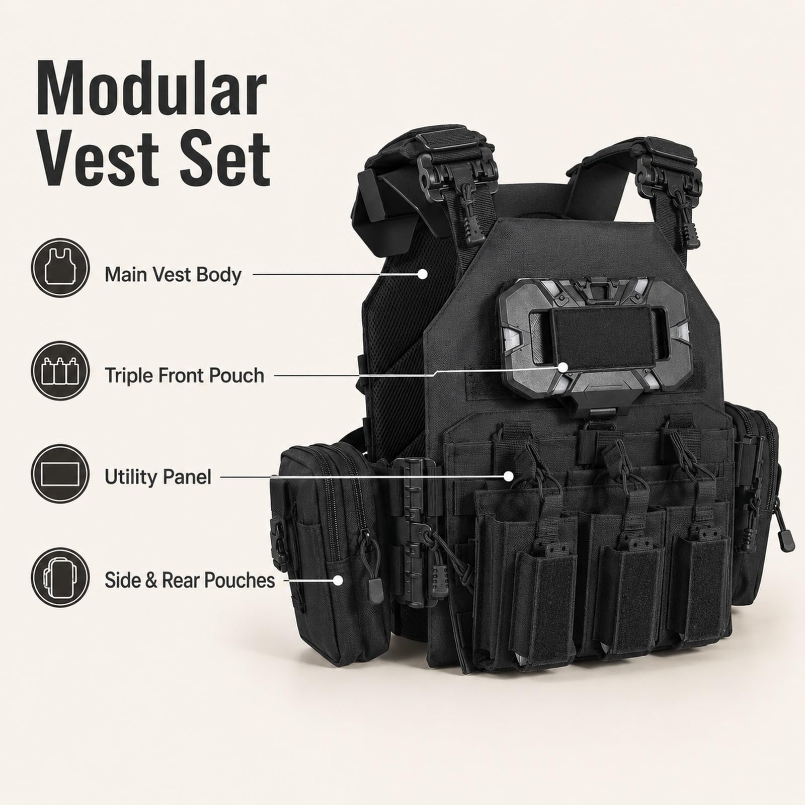 Genérico Arnes de Carga Modular Kit, Chaleco de Pecho Airsoft Ajustable | Incluye Base Bolsa Triple Panel Navegacion Bolsa Smartphone Bolsa Radio y Bolsa Trasera de Carga Utilidades