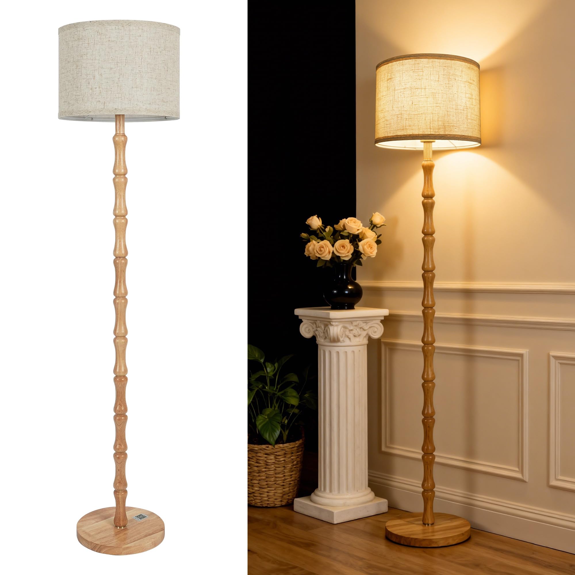 LuminexDesigns Wood Floor Lamp for Living Room, 167cm Tall Natural Oak Standing Lamp with Beige Linen Shade, E27 Socket, Vintage Boho Rustic Scandinavian, Bedroom and Lounge Corner Light WOVI FL09