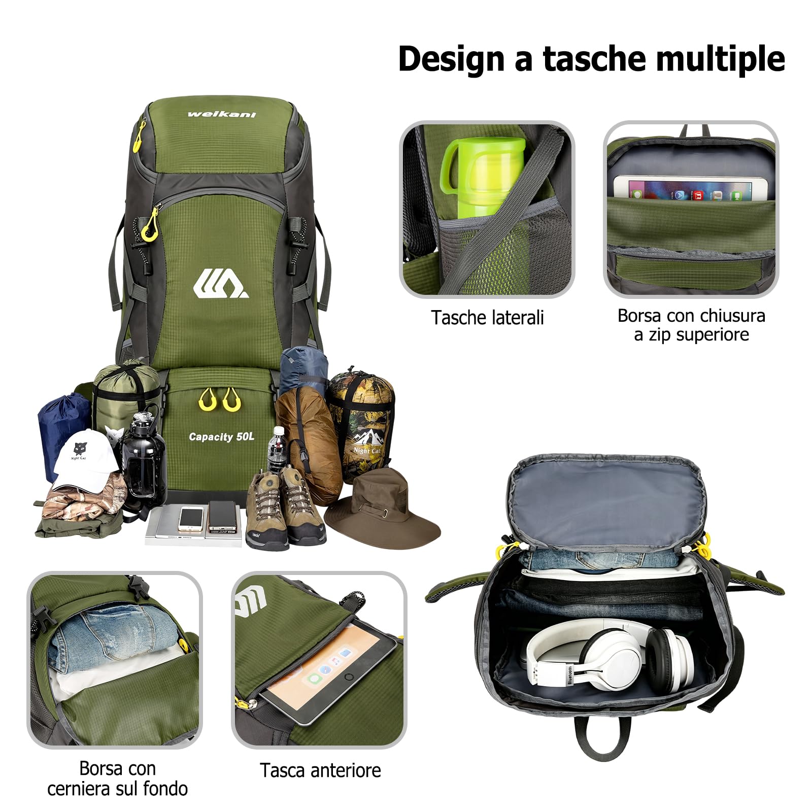 Zaino da Trekking 50L Zaino da Giorno Idrorepellente in Nylon Zaini Campeggio con Cinghie Riflettenti Vani Multipli Backpack Viaggio Arancione