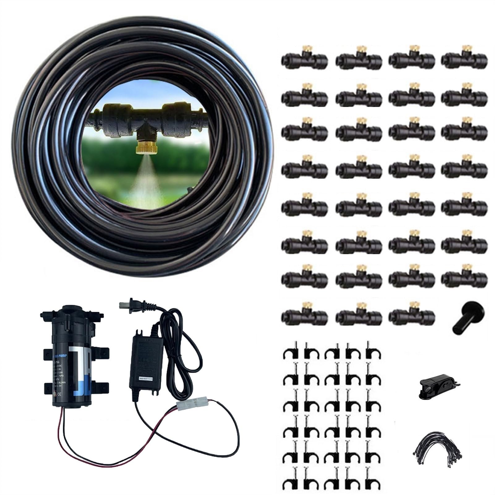 Brumisateur terrasse exterieur Kit avec pompe, Tuyau d'arrosage pour serre de jardin, Système de brumisation d'extérieur automatique ligne de brumisation + buses de brume + adaptateur en laiton ( Size