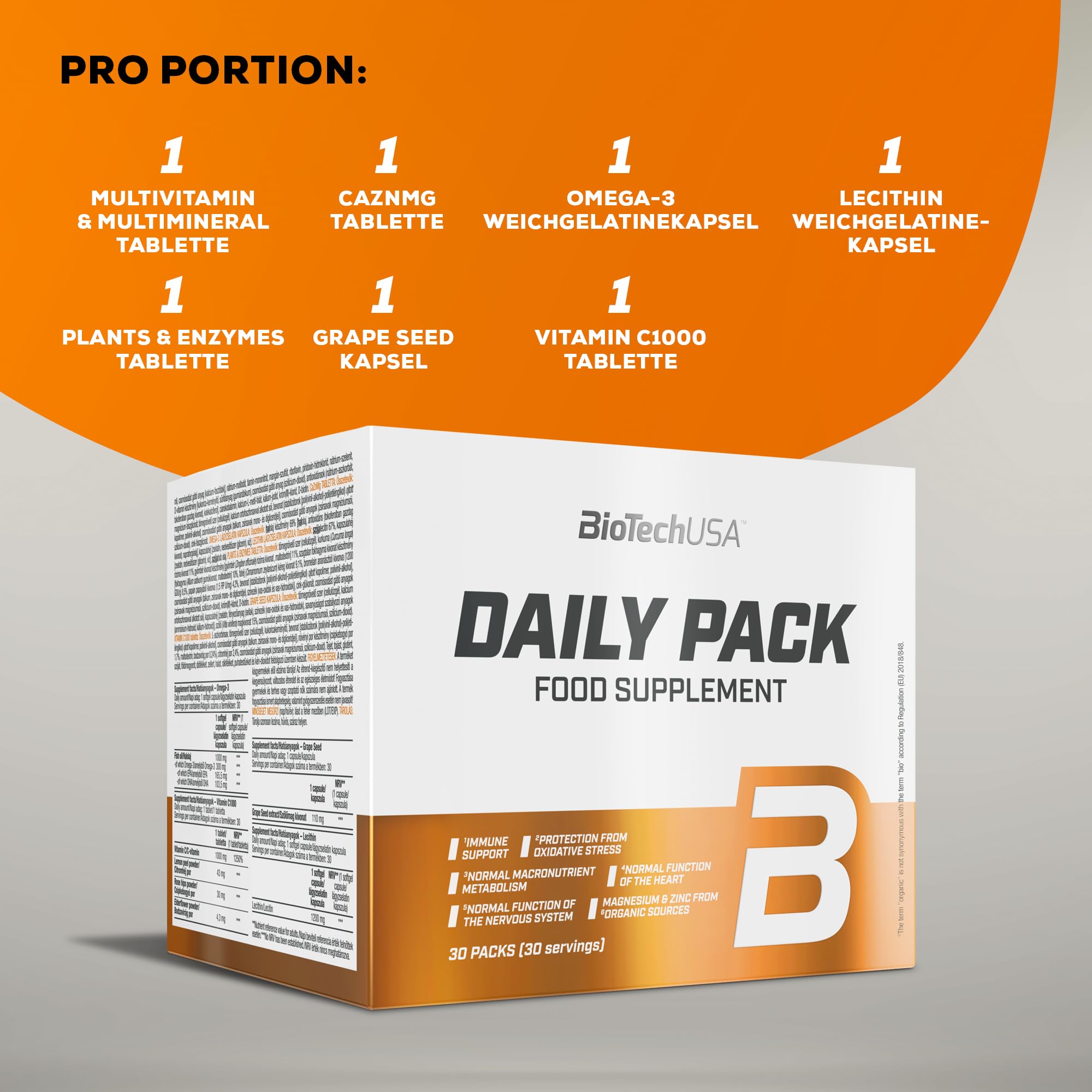 BioTechUSA Daily Pack | Vitamin-, Mineralstoff- & Pflanzenextrakt-Pack | Mit Omega-3, Lecithin & Traubenkern | Multi-Tabletten-Beutelformat | Gluten-, laktose- & GMO-frei | 30 Päckchen