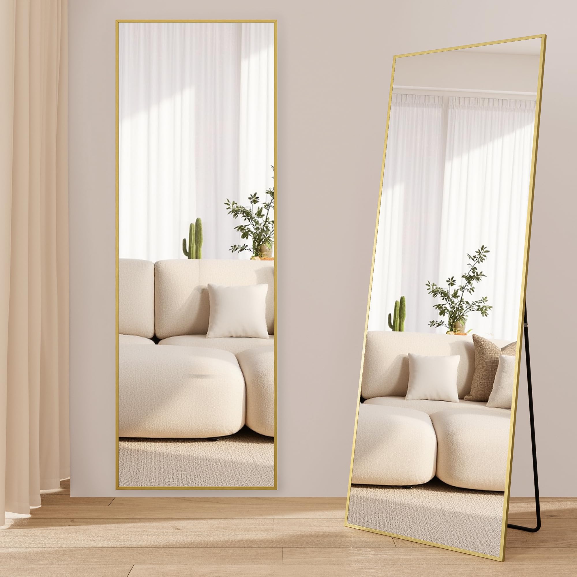 SONGMICS Full Length Mirror, Rectangle Full Body Floor Mirror with Stand, Aluminium Alloy Frame, Tempered Glass, for Bedroom, Living Room, Cloakroom, Square Corner, 160 x 50 cm, Pale Gold LFM050AB01