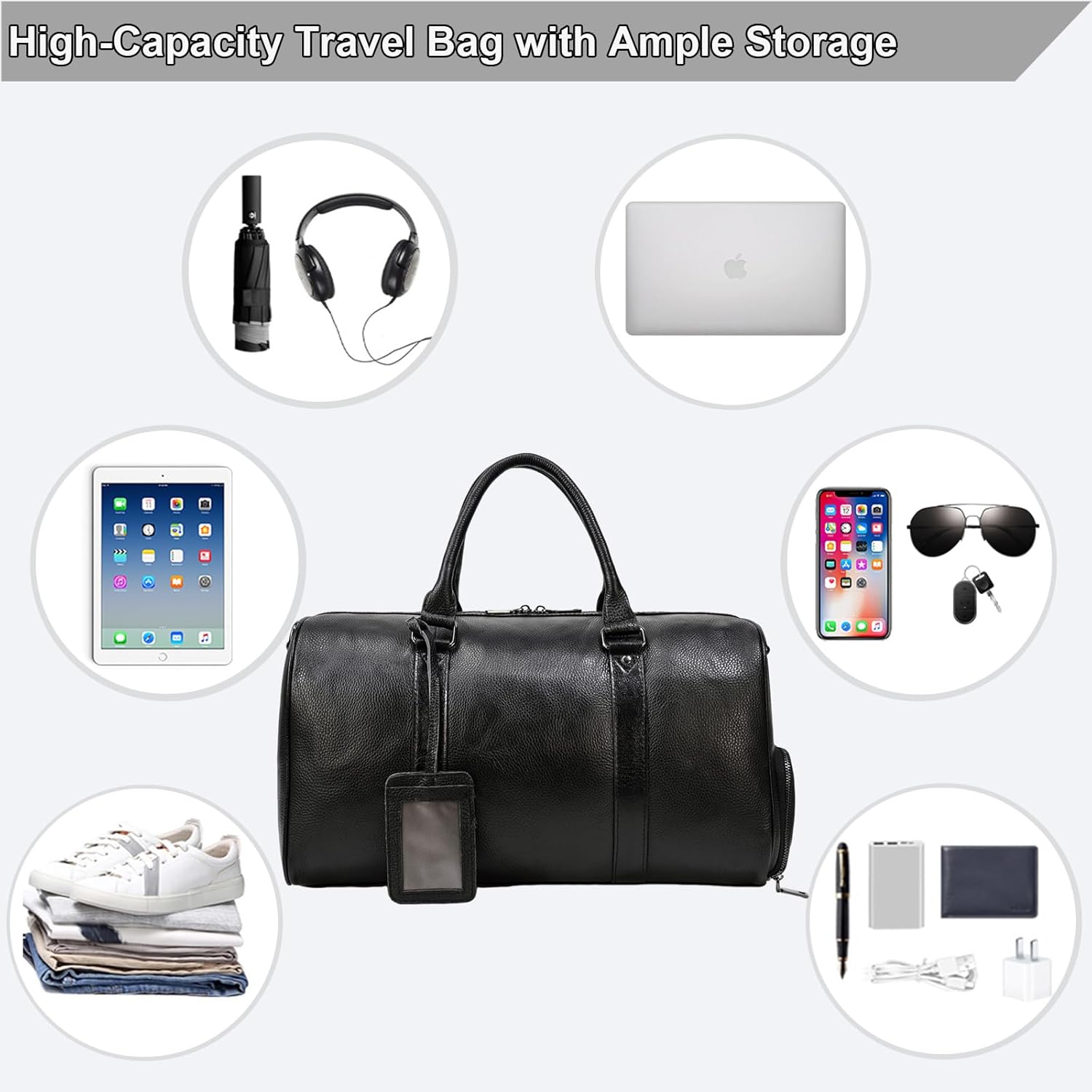 Genuine Leather Travel Bag Unisex Weekender Bag, Airplane Carry-On Luggage with Multi Compartments for Travel Gym, Black