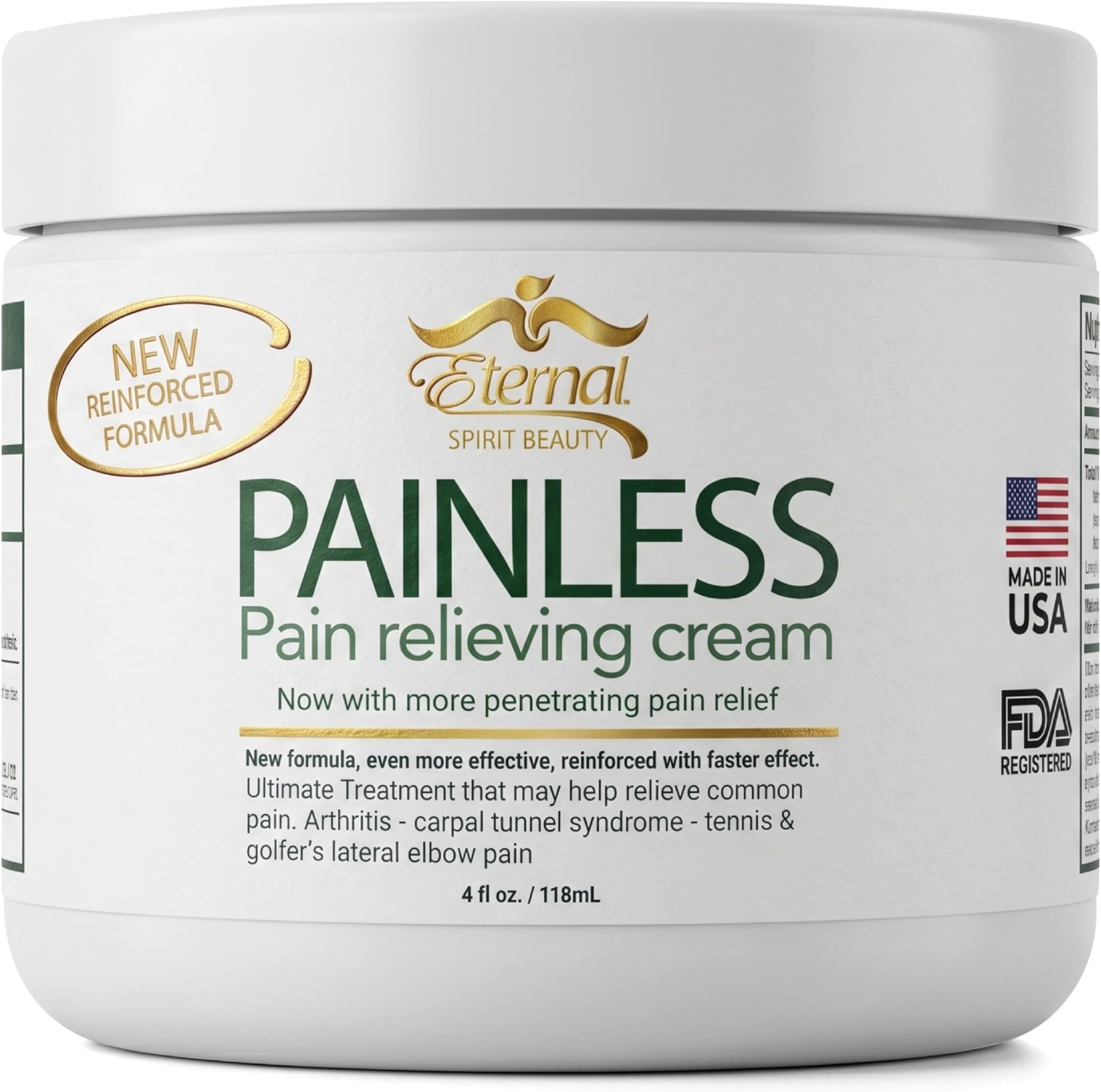 Eternal Spirit Beauty Painless Cream, Fast-Absorbing Soothing Cream for Muscles & Joints, with Arnica & Tea Tree Oil, Lightweight Relief Formula, Family-Friendly Use, 4 Oz