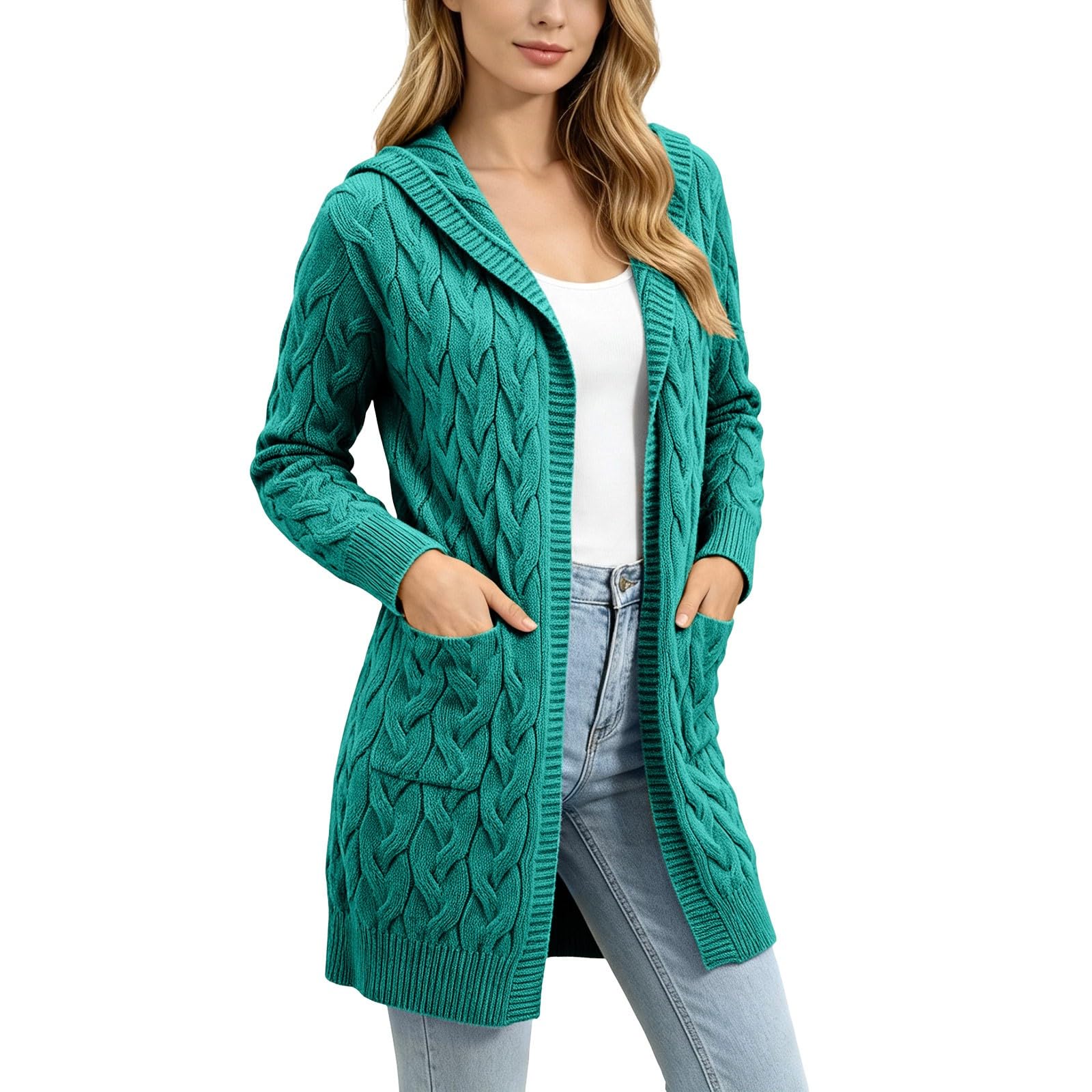 Cardigan Femme Capuche Torsadé Long Boutonné Chaud Chic Mode Casual