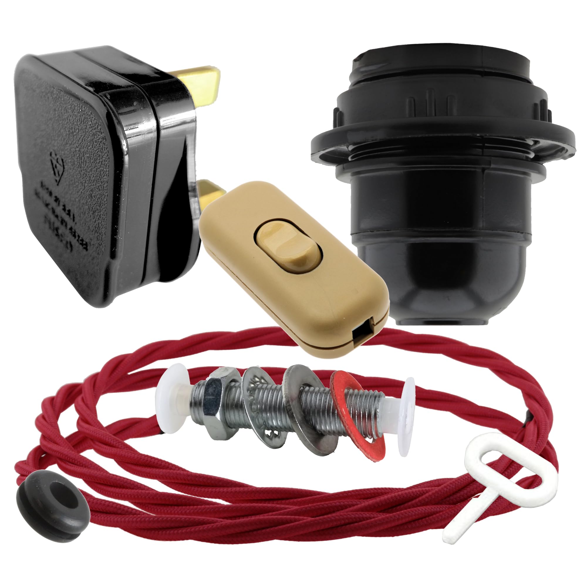 Art Deco Emporium Lamp Repair Kit|Black Plug|Bright Red Flex|Gold Switch|E27 Black Bakelite Lamp Holder โ image 1