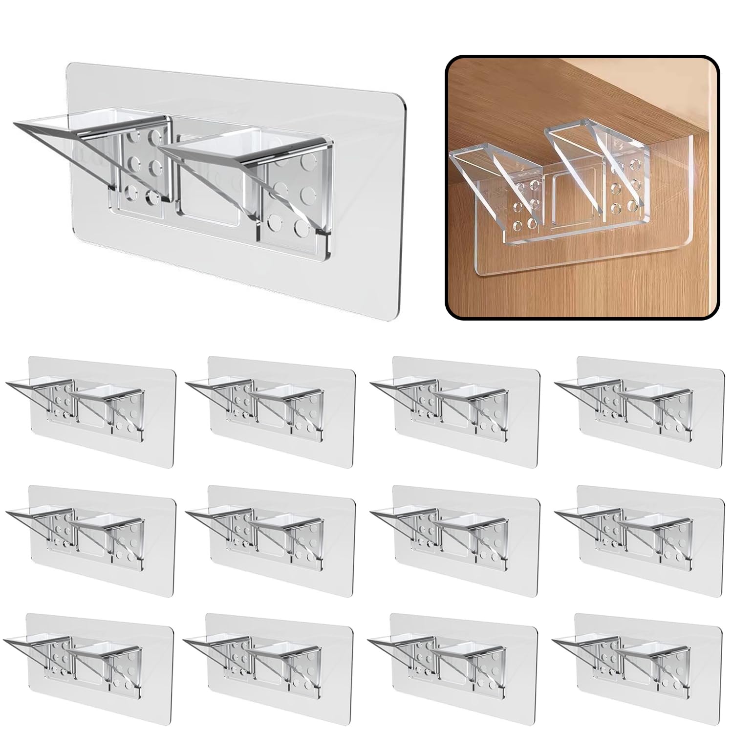 Photo 1 of 12-Pack Heavy-Duty Adhesive Shelf Brackets, Large Size Double Row Brackets, No-Drill Wall Mount Pegs,Shelf Support Pegs for Kitchen Cabinets, Bookshelves, and Closets