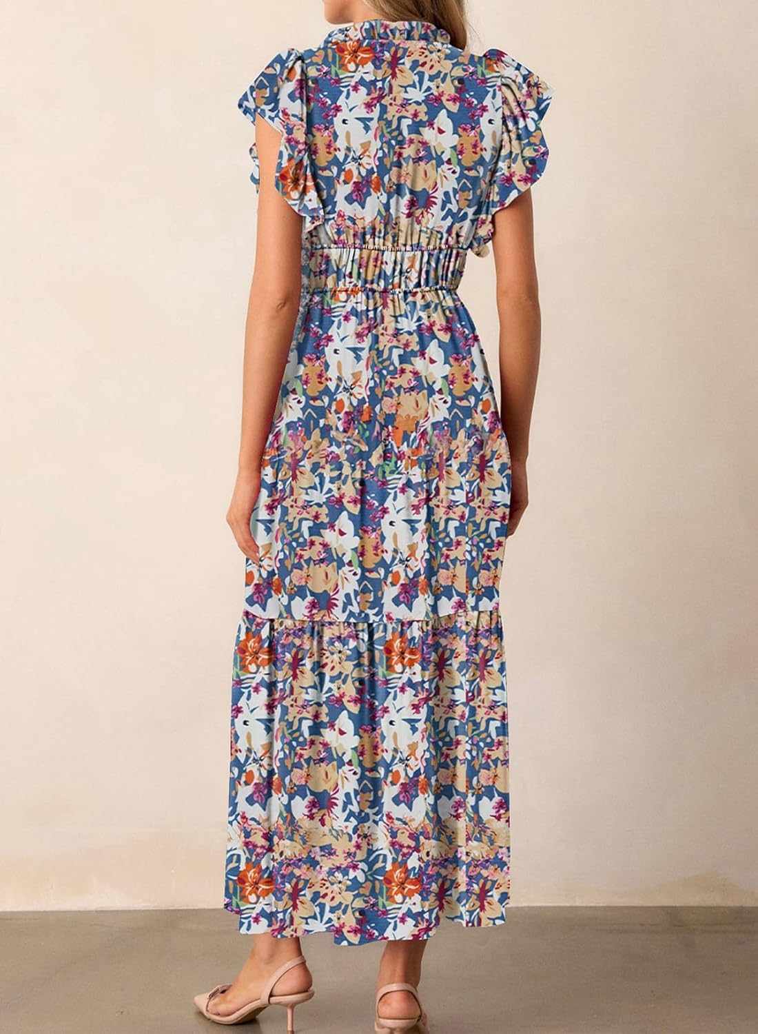 BLENCOT Womens Cotton Floral Maxi Dresses Casual Flowy Boho Dresses Summer Ruffle Short Sleeve V Neck Dress with Pockets - Image 3