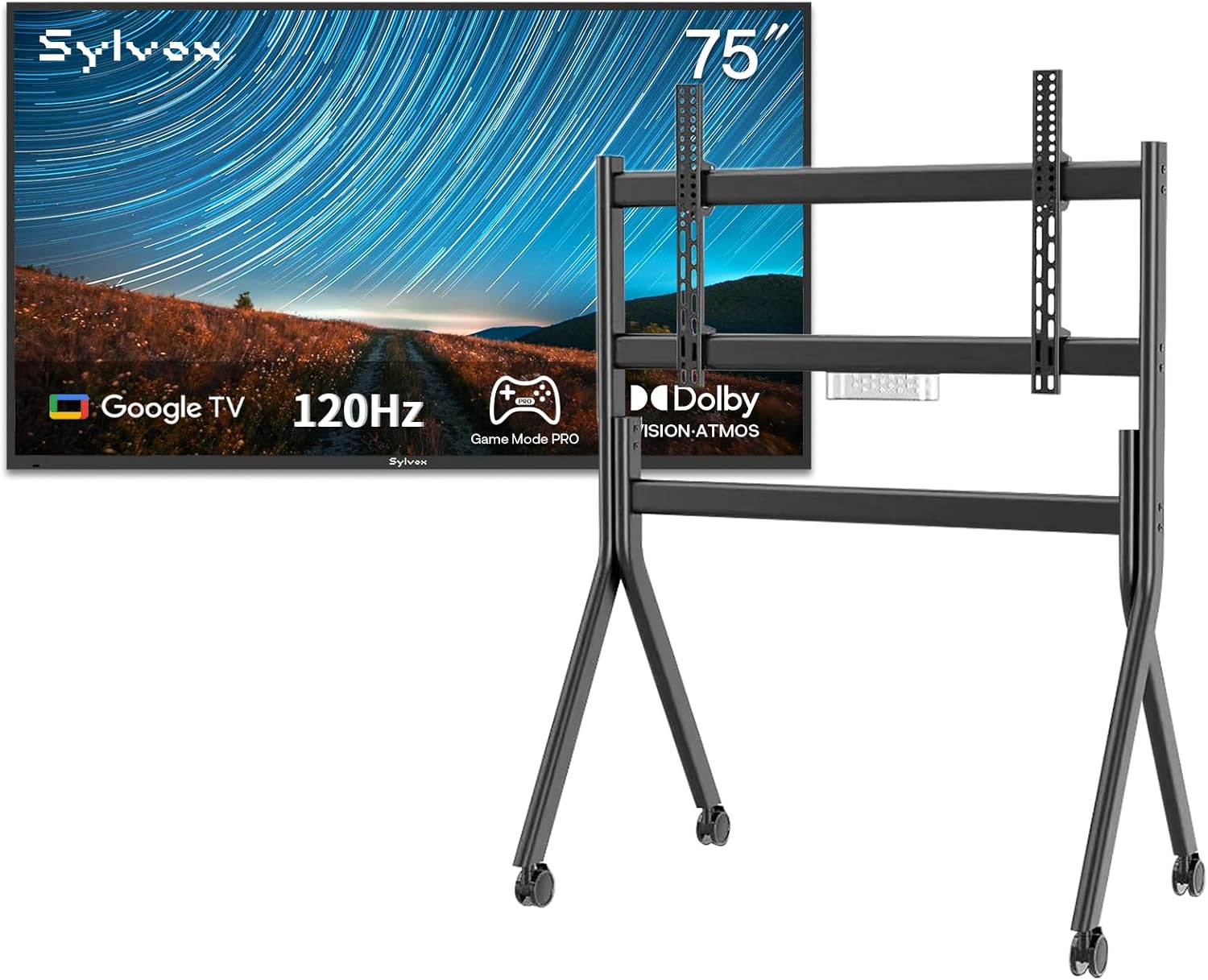 SYLVOX Outdoor TV with Rolling Stand, 75 inch 120Hz 4K Smart TVs, Weatherproof & IP55 Waterproof, Compatible with Google & Dolby Atmos, HDMI 2.1 & USB 3.0, 1000 Nits Outside TV for Gaming