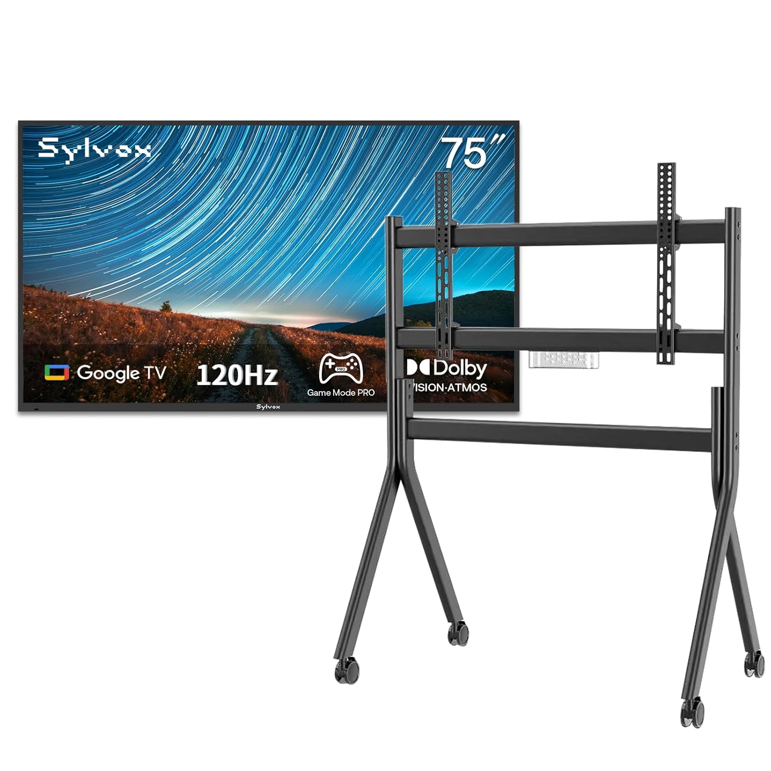 SYLVOX Outdoor TV with Rolling Stand 75 inch 120Hz 4K Smart TVs Weatherproof IP55 Waterproof Compatible with Google