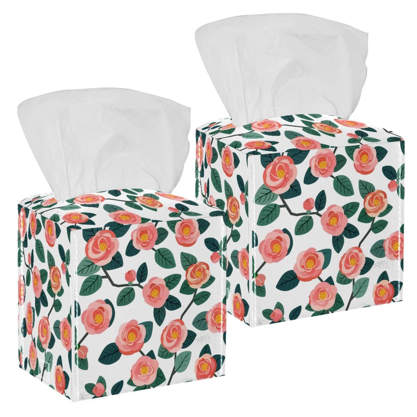 Camellia Cartoon Tissue Box Cover, 2 Pack PU Leather Square Facial Tissue Dispenser Box holder for Home Office Car