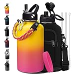 64 oz Insulated Water Bottle - with Straw, Spout Lids, Bottle Sleeve & Paracord Handle, Sports Gym Workout Metal Waterbottle Cold 48H, Hot 24H, Half Gallon Stainless Steel Water Jug Thermo Flask