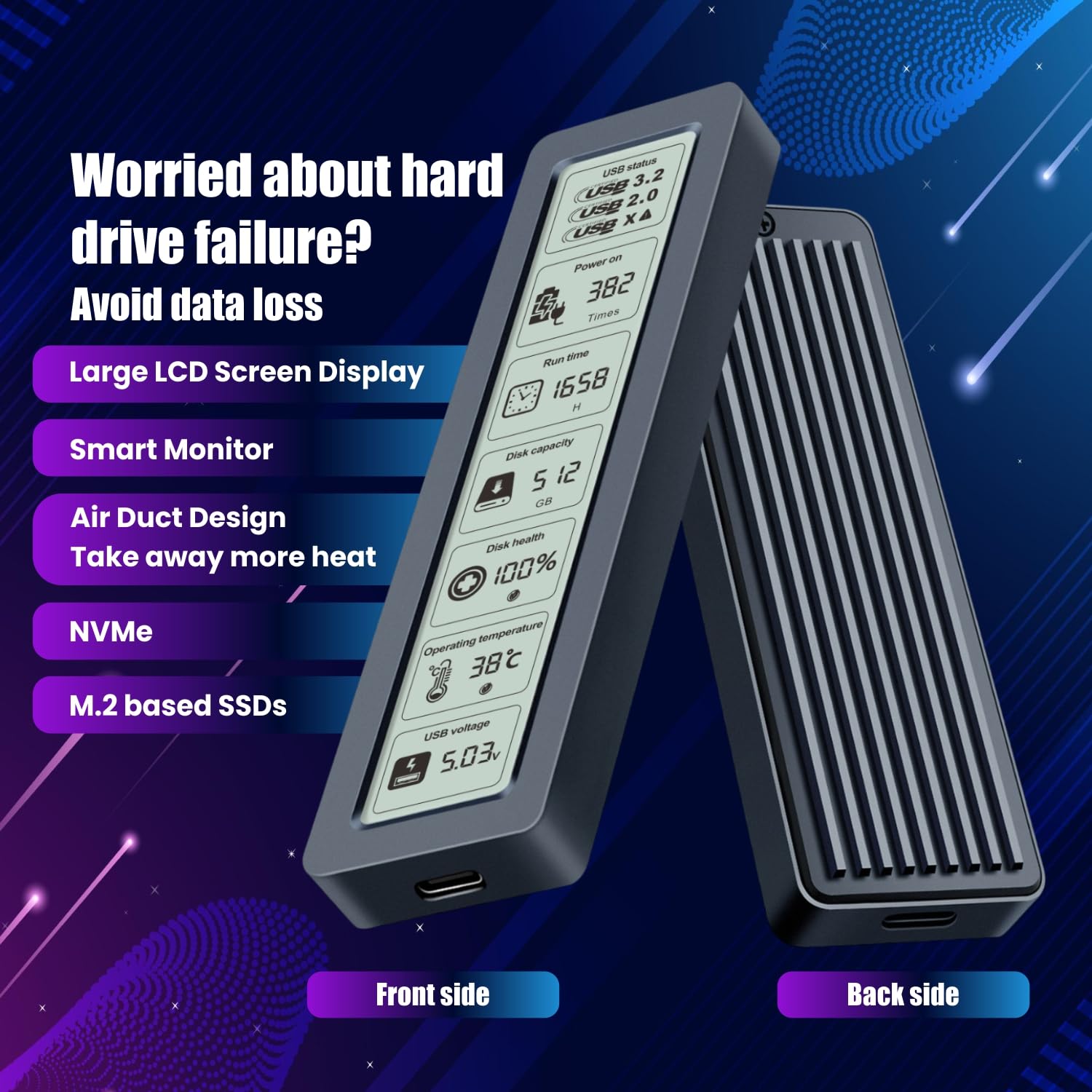 Dyazo M.2 NVMe SSD Enclosure Type C with LCD Display | USB 3.2 Gen2 10Gbps | Support NVME PCIE Size 2230/2242/2260/2280 M-Key/B+M | Support UASP & Trim (Up to 8TB) | Compatible with Windows/Mac/Linux — Amazon image 3