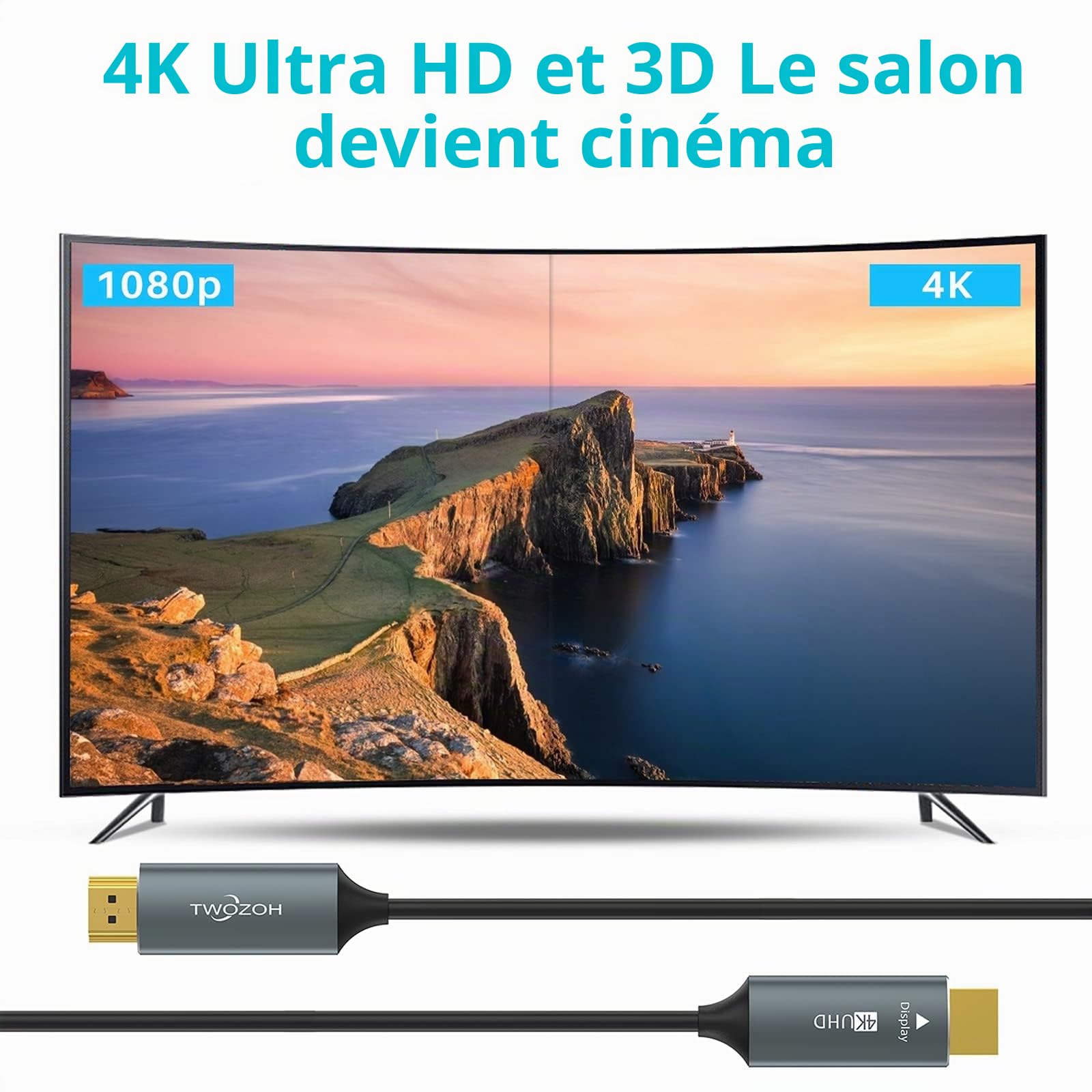 Twozoh Câble HDMI fibre optique 50M, 4K Fibre HDMI vers HDMI 4K/60 Hz (4:4 HDR10 HDCP2.2) 1440p 144Hz 18Gbps haute vitesse UHD