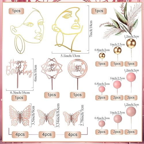 Miniatura 3 de MTLEE 51 piezas de decoración bohemia rosa para tartas de oro rosa, decoración de flores de pastel de feliz cumpleaños, decoración de pastel