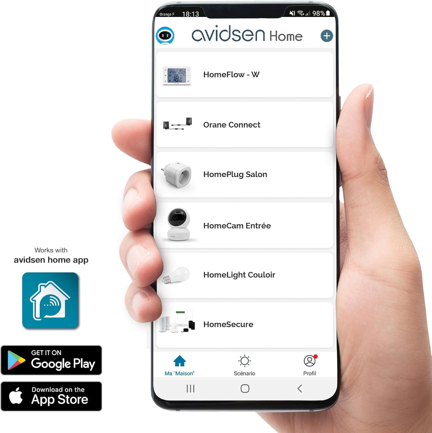 Avidsen Home app interface on a smartphone
