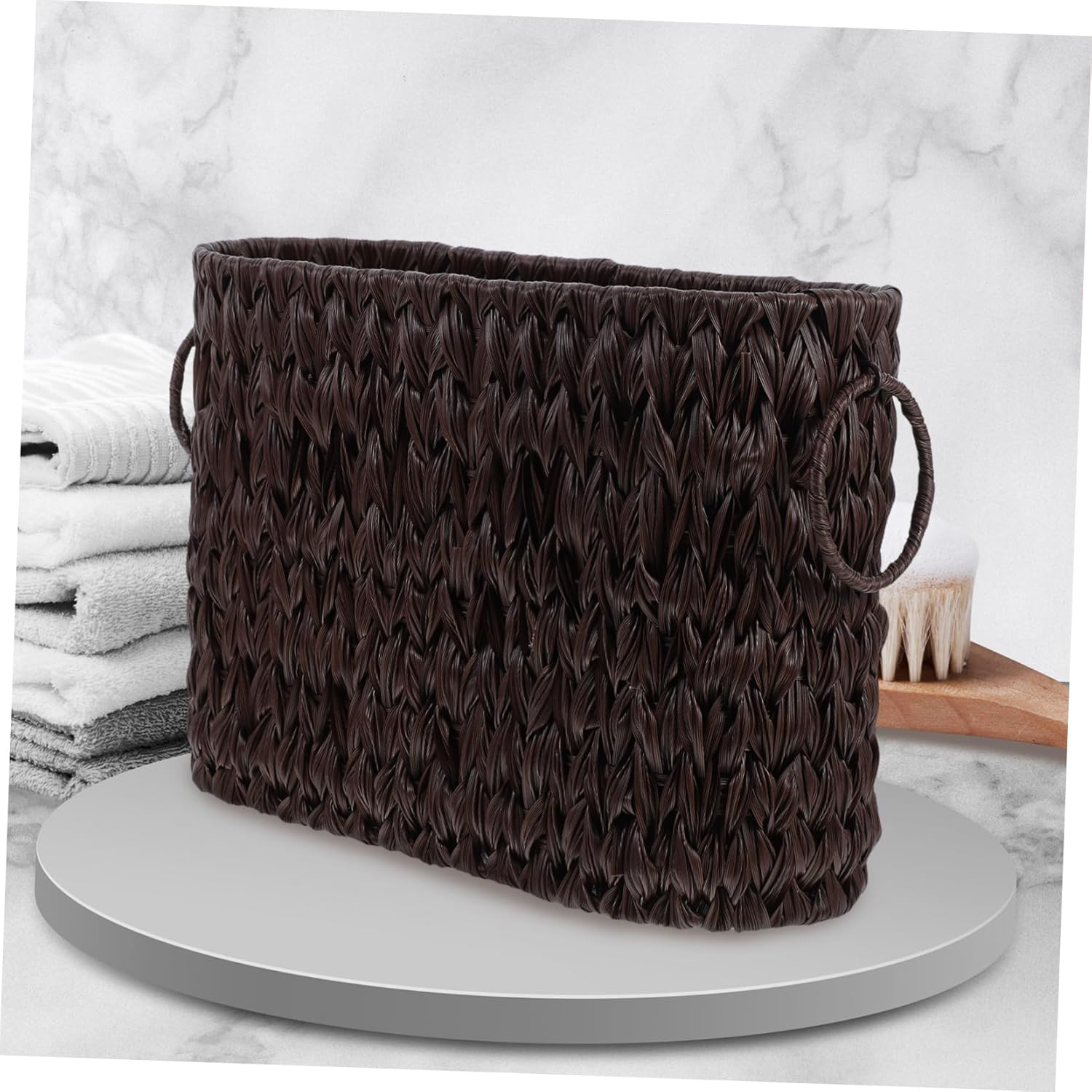 Garneck Decorative Basket for Home Office Imitation Rattan Storage Basket Desktop Organizer with Double Ring Handle