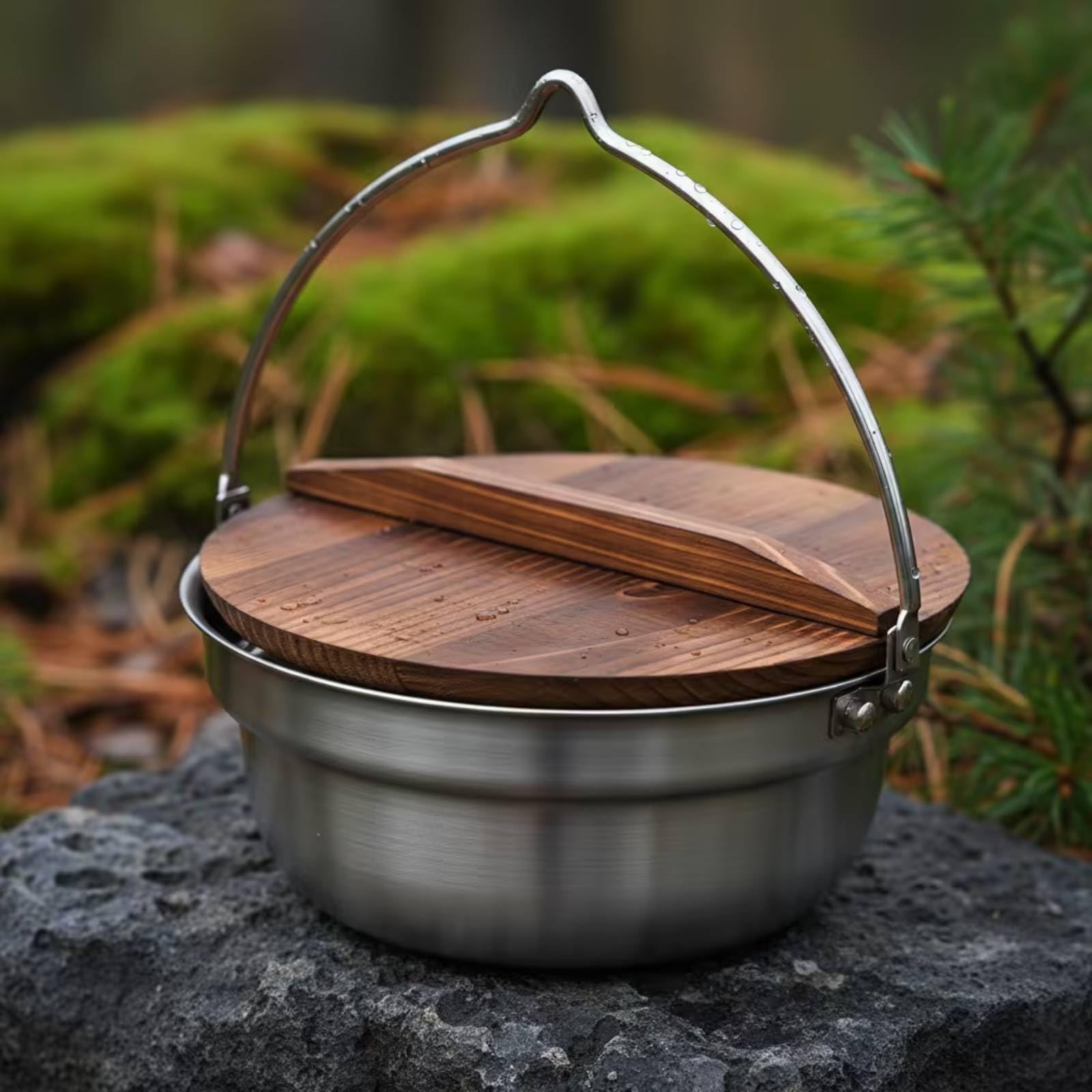 Olla Acero Inoxidable con Tapa Multifuncional Olla Colgante Ergonómico Puchero con Asa para Campistas, Fogata, Camping, 24cm, Olla Colgante Multifuncional De 24cm, Modelo A
