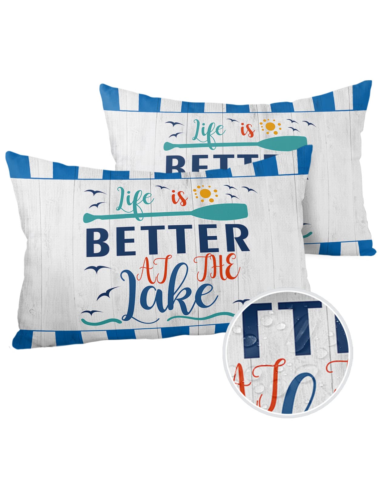 Summer Waterproof Pillow Covers for Couch Throw Pillow Cases Set of 2, Farm Lake Life and Paddle Texts Decorative Cushion Pillow Covers 20x12In,Indoor Outdoor Decoration Retro Wood Plank