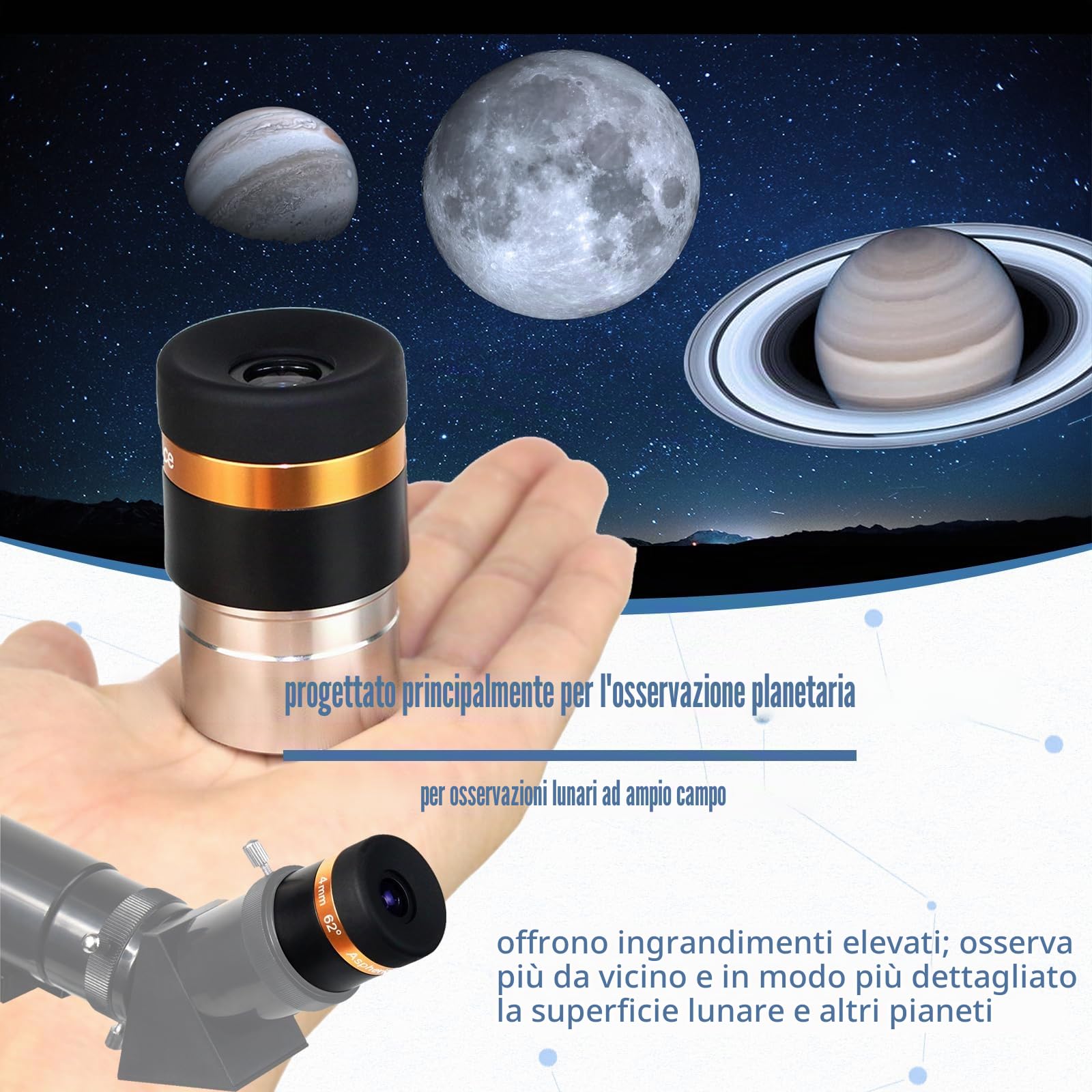 Svbony Oculare 4mm, HD Completamente Rivestito Oculare Telescopico Lente Asferica Grandangolo da 62 Gradi, 1,25” Accessori Telescopio con Filettatura Filtro per Luna Giove Osservazione Planetaria