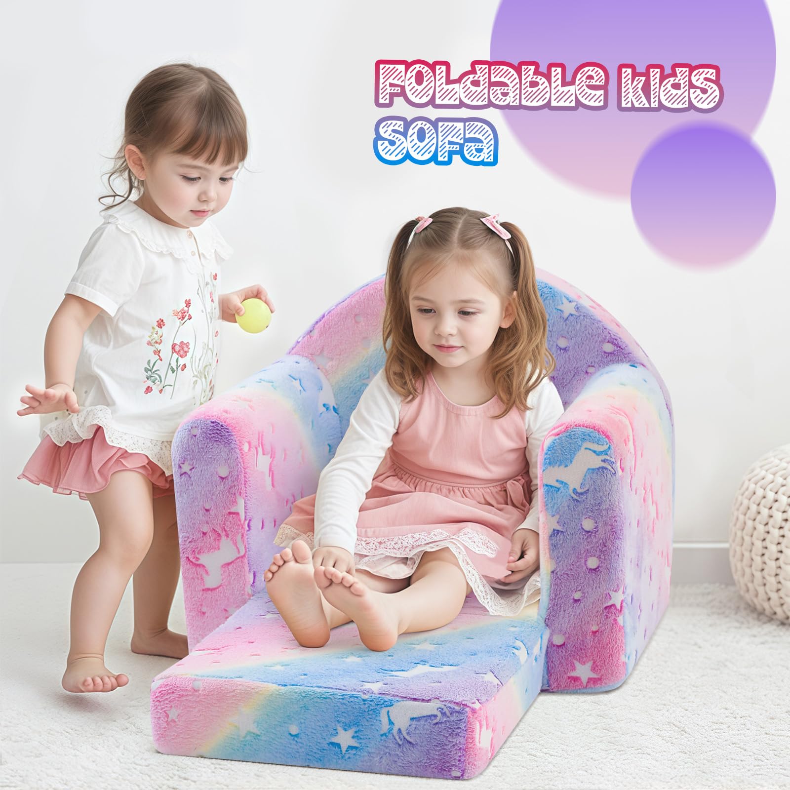 MeMoreCool Divano per bambini, comodo divano per bambini in peluche, divano letto convertibile per bambini, reclinabile e pieghevole, mini divano per bambini da 1 a 3 anni, motivo: unicorno arcobaleno