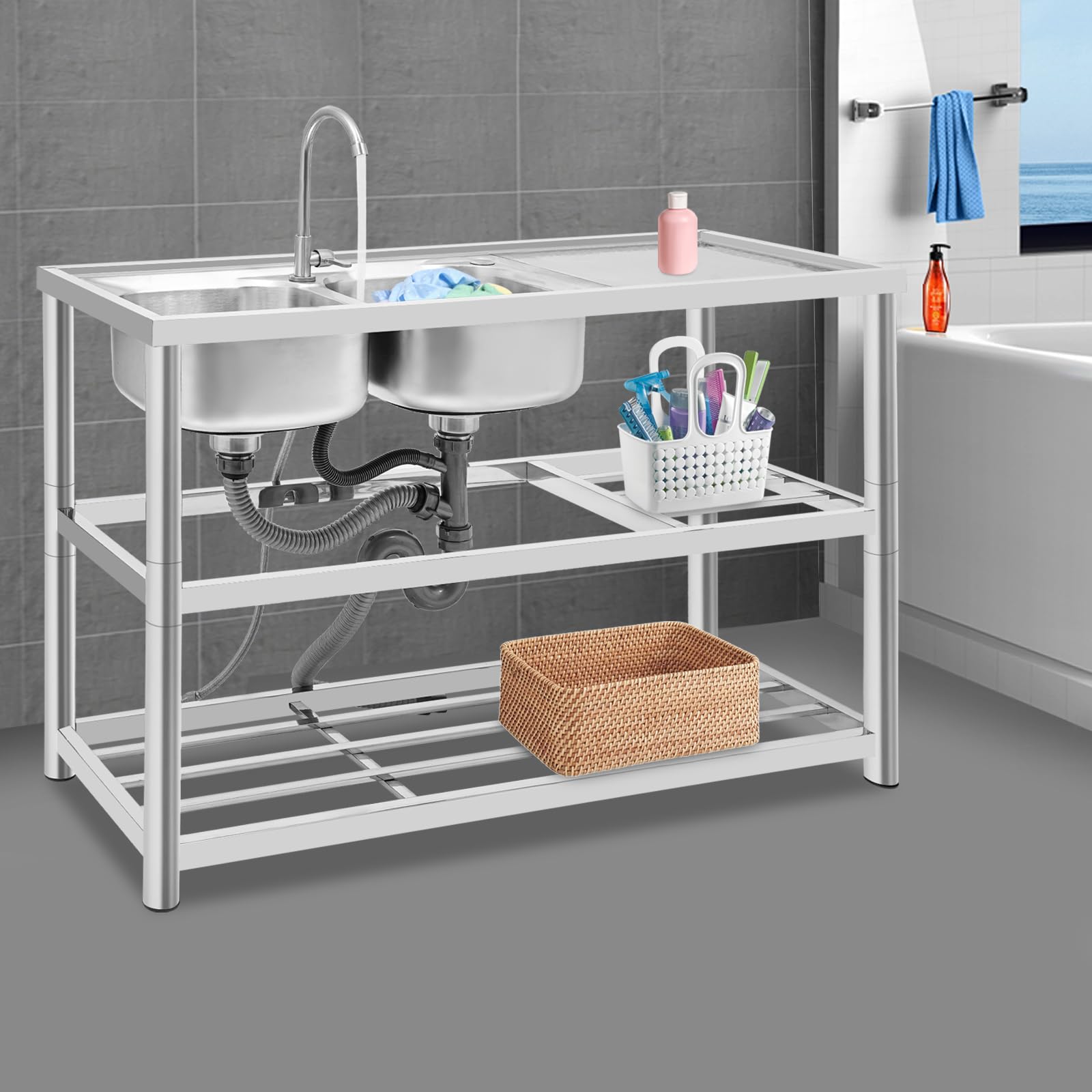 Lavello da cucina in acciaio inox, a 2 vasche a 3 livelli, autoportante, con rubinetto, per ristorante, campeggio, 120 x 45 x 80 cm, con accessori e scolapiatti