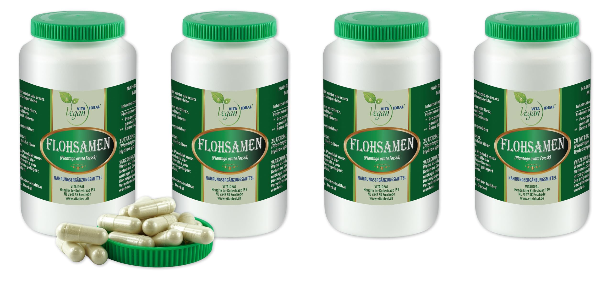 VITA IDEAL Vegan® FLOHSAMEN - Schalen 4x 360 KAPSELN - Plantago indica - Floh - Samen - Schalen - Tagesportion 1100mg FLOHSAMENSCHALEN reines Pulver. Naatürlich, pflanzlich & ohne Zusatzstoffe.