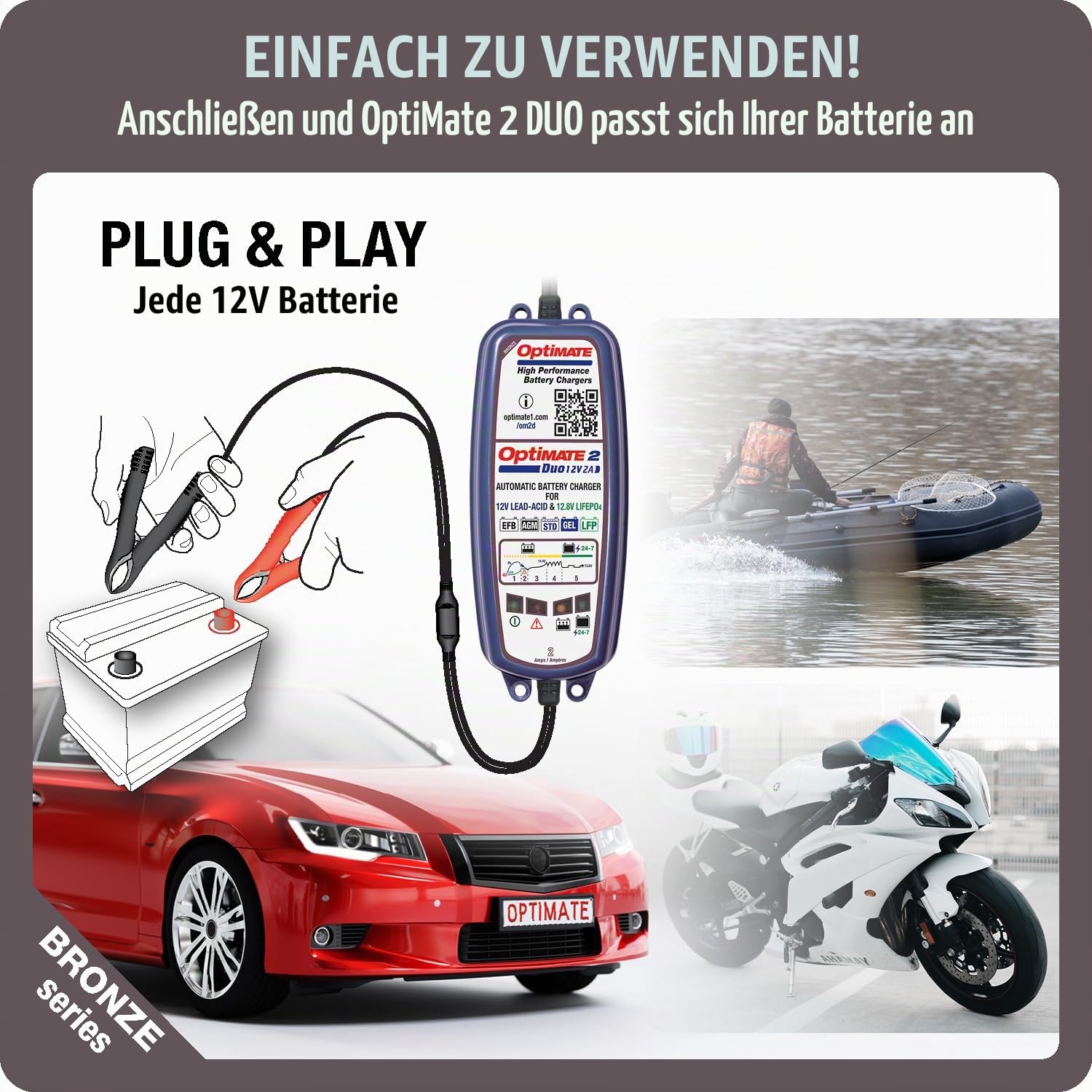 OptiMate 2 DUO 12V / 12,8V Batterieladegerät & Wartungsgerät – Automatisches 5-Stufen-Smart-Ladegerät (2A) – Für Blei-Säure- und Lithium-LiFePO4-Batterien – Sichere 24/7-Wartung, wetterfest