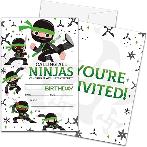 Zmyollo Ninjas Invitaciones de cumpleaños con sobres, 20 invitaciones de fiesta de cumpleaños para niños y niñas, suministros de fiesta de