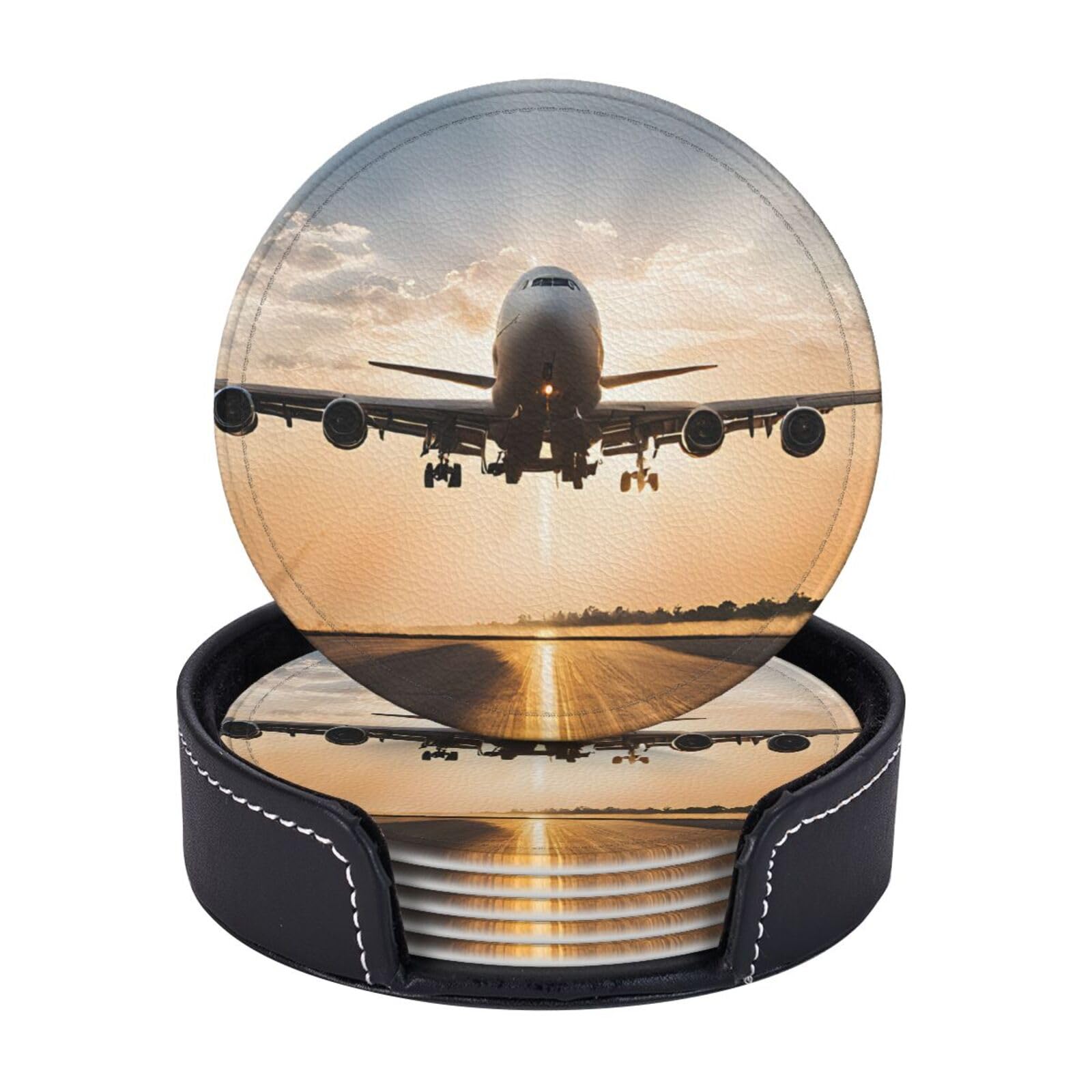 Coasters Set of 6 Microfiber PU leather Coasters with Holders for Drinks Coffee Bar Accessories, House Apartment Coffee Table Decor, Housewarming Gifts - Airplane